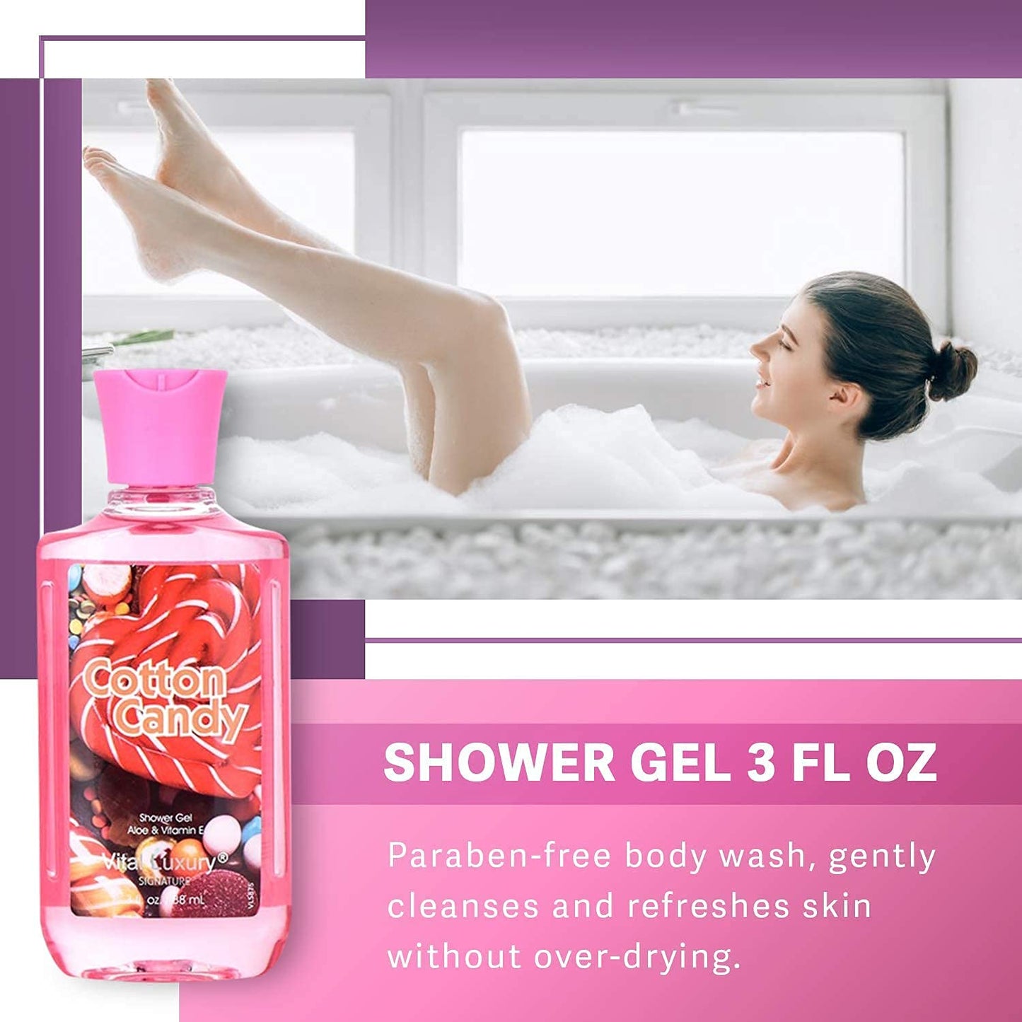 Bath and Body Gift Set - Cotton Candy Scented 3-Piece Travel Size Collection-3 Fl Oz , Shower Gel, Body Lotion, Body Mist, Compact & Lightweight, Ideal for Gifts, Travel, or Daily Skincare Routine