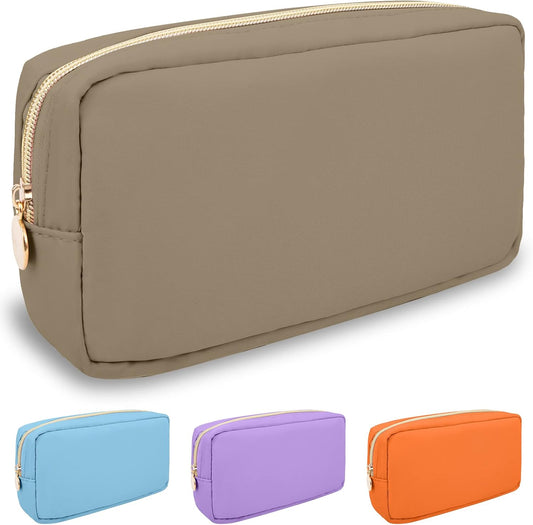 Nylon Small Makeup Bag for Purse, Preppy Cute Makeup Bag Cosmetic Zipper Pouch Purse, Waterproof Portable Travel Toiletry Bag Clutch Make Up Brush Bag Organizer Storage for Women Men Girls(Khaki)