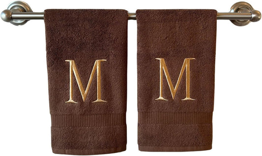 Brown Initial Hand Towel for Bathroom - Monogrammed Luxury Hotel Quality Decorative Embroidered Towel for Powder Room, Spa - GOTS Organic Certified - Set of 2 Beige Letter M