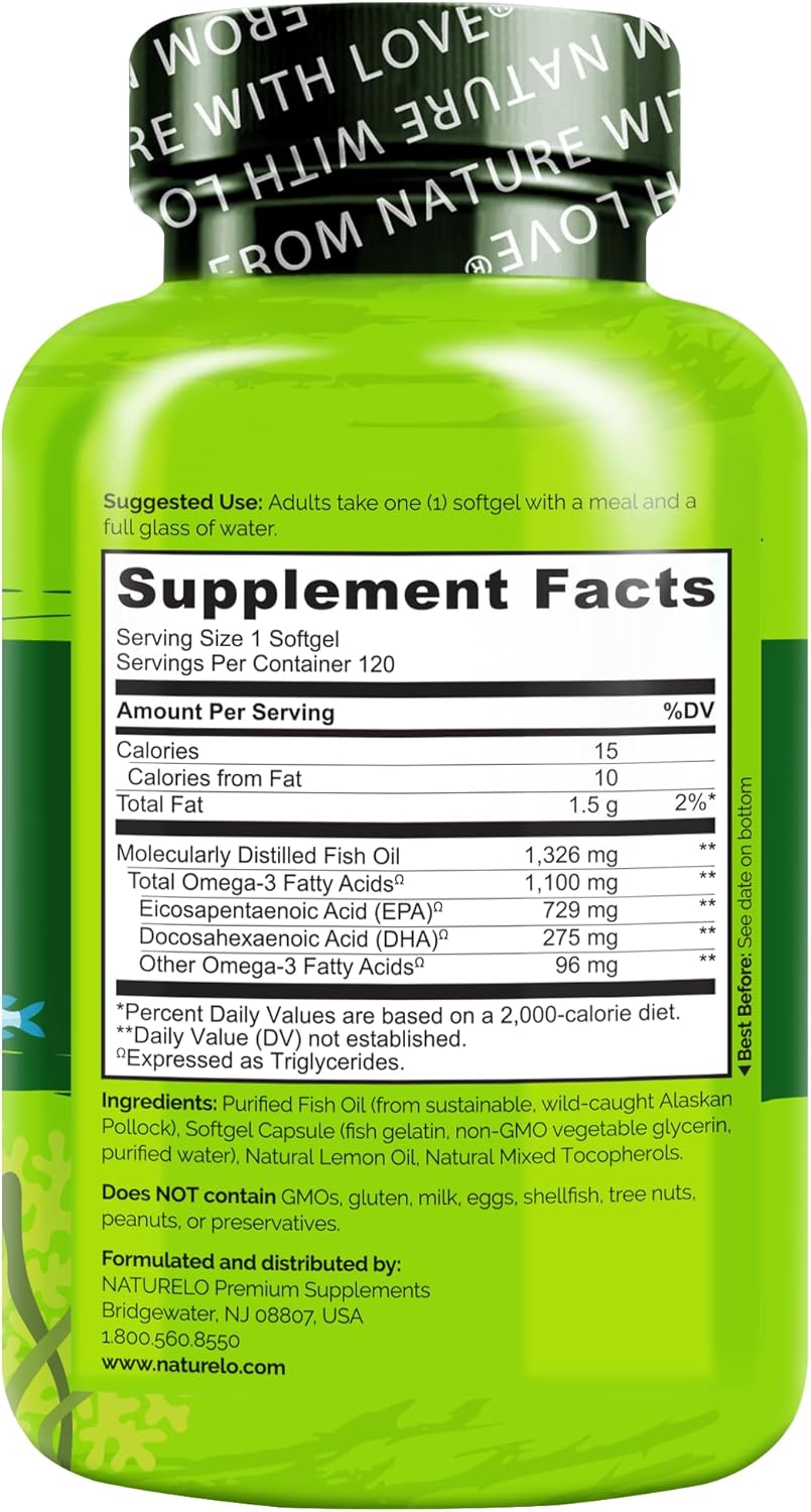 NATURELO Burpless Omega 3 Fish Oil Supplement - 1100mg Triglyceride Omega-3, EPA + DHA, Liquid Fish Oil for Heart, Eye, Brain, Joint Health - 120 Softgels, 4 Months Supply
