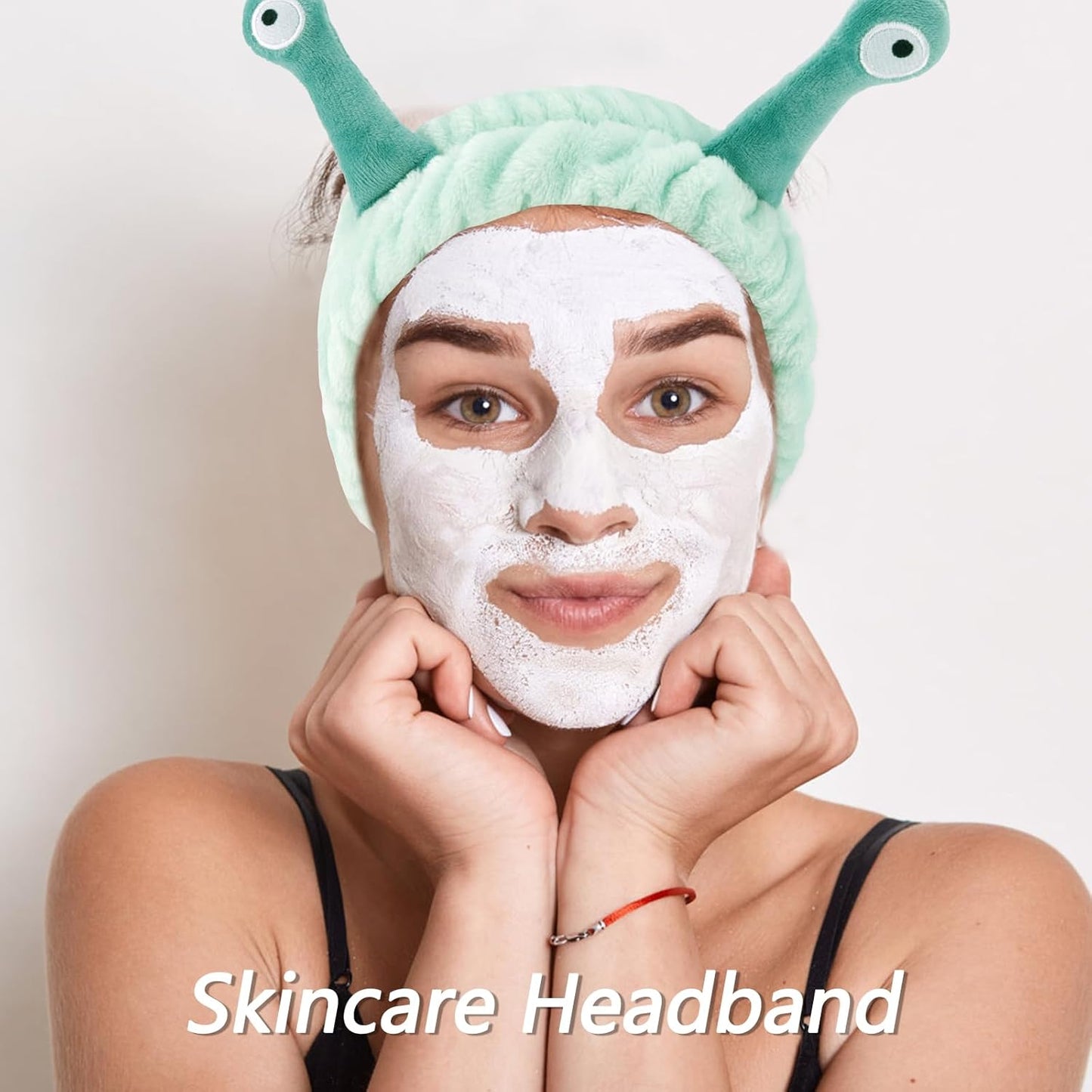 VELSCRUN Spa Headband, Makeup Face Wash Skincare Headbands, 5 Pcs Sponge Get Ready Snail Hairband Facial Wristband Hair Clip Set, Stuff for Teen Girls Women Trendy Hair Accessories Light Green