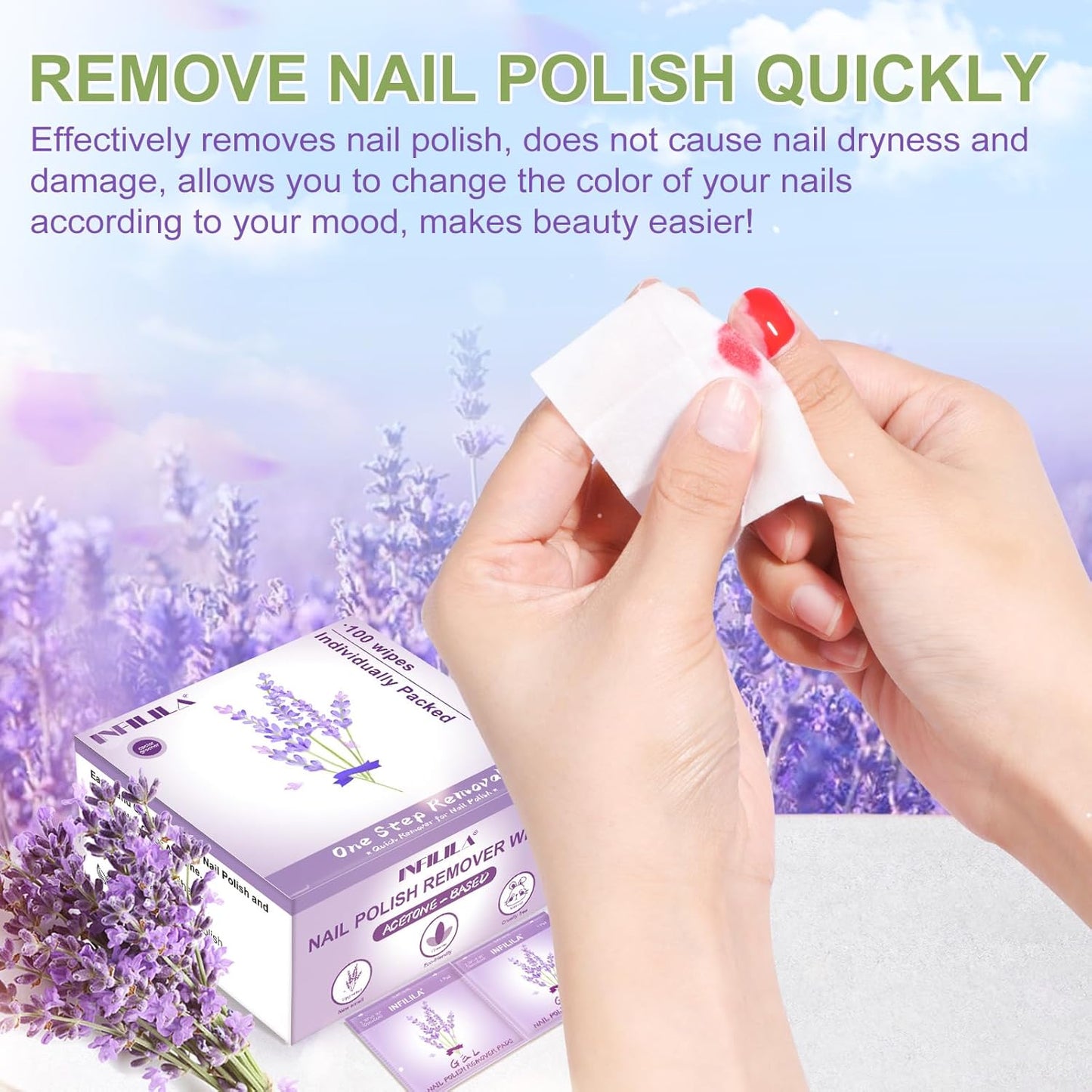 NXJ INFILILA Nail Polish Remover Pads, Nail Polish Remover Wipes, 100pcs Individually Wrapped Bulk Set Fingernail Travel Polish Remover for Nail Supplies(Lavender Fragrance)