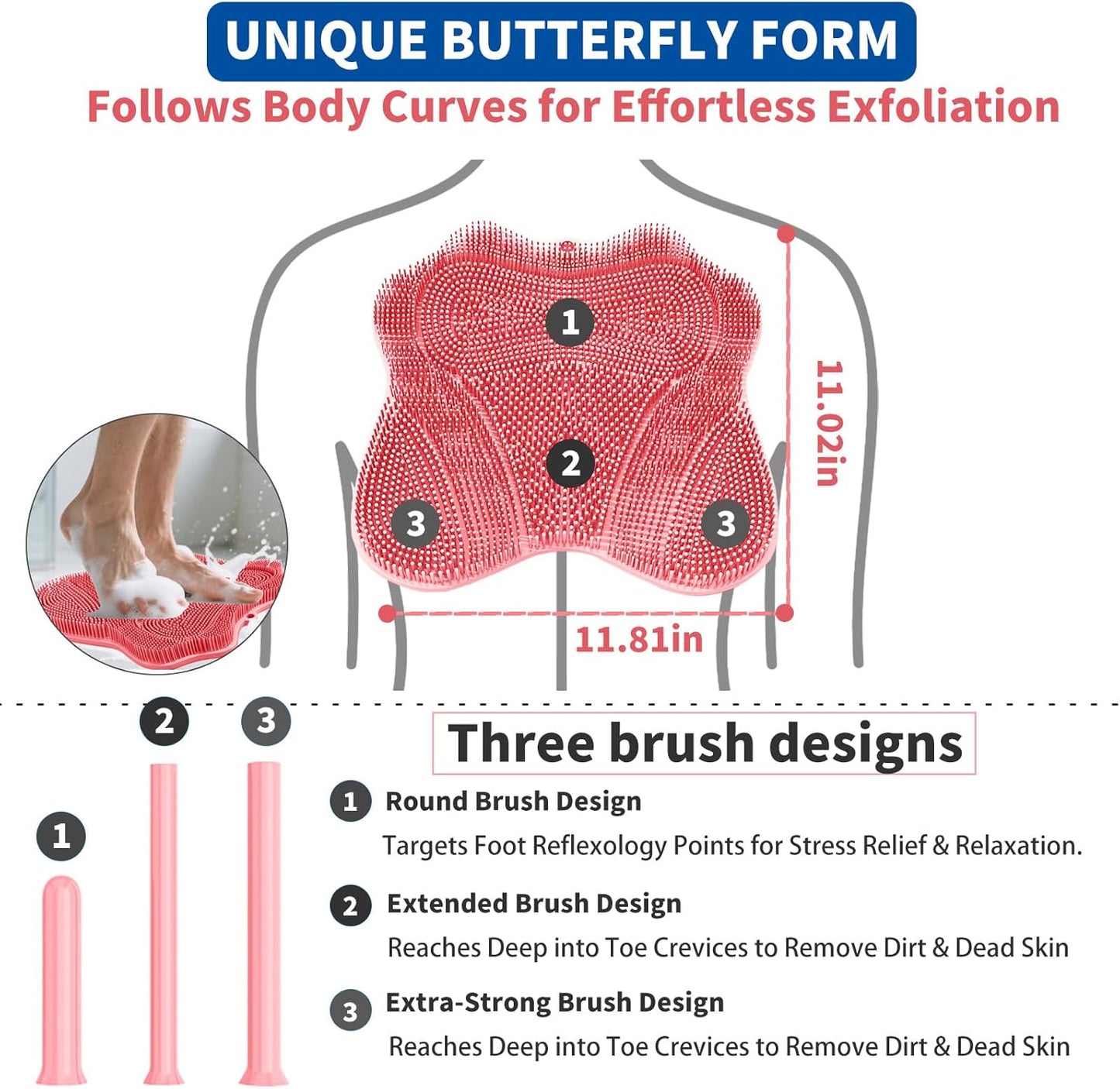 Show Foot Scrubber Mat & Silicone Back Scrubber with Butterfly Form Design,3 Brush Designs for Deep Cleaning Shower Foot Scrubber Mat, Wall Mounted Back Scrubber Silicone Bath(Pink)