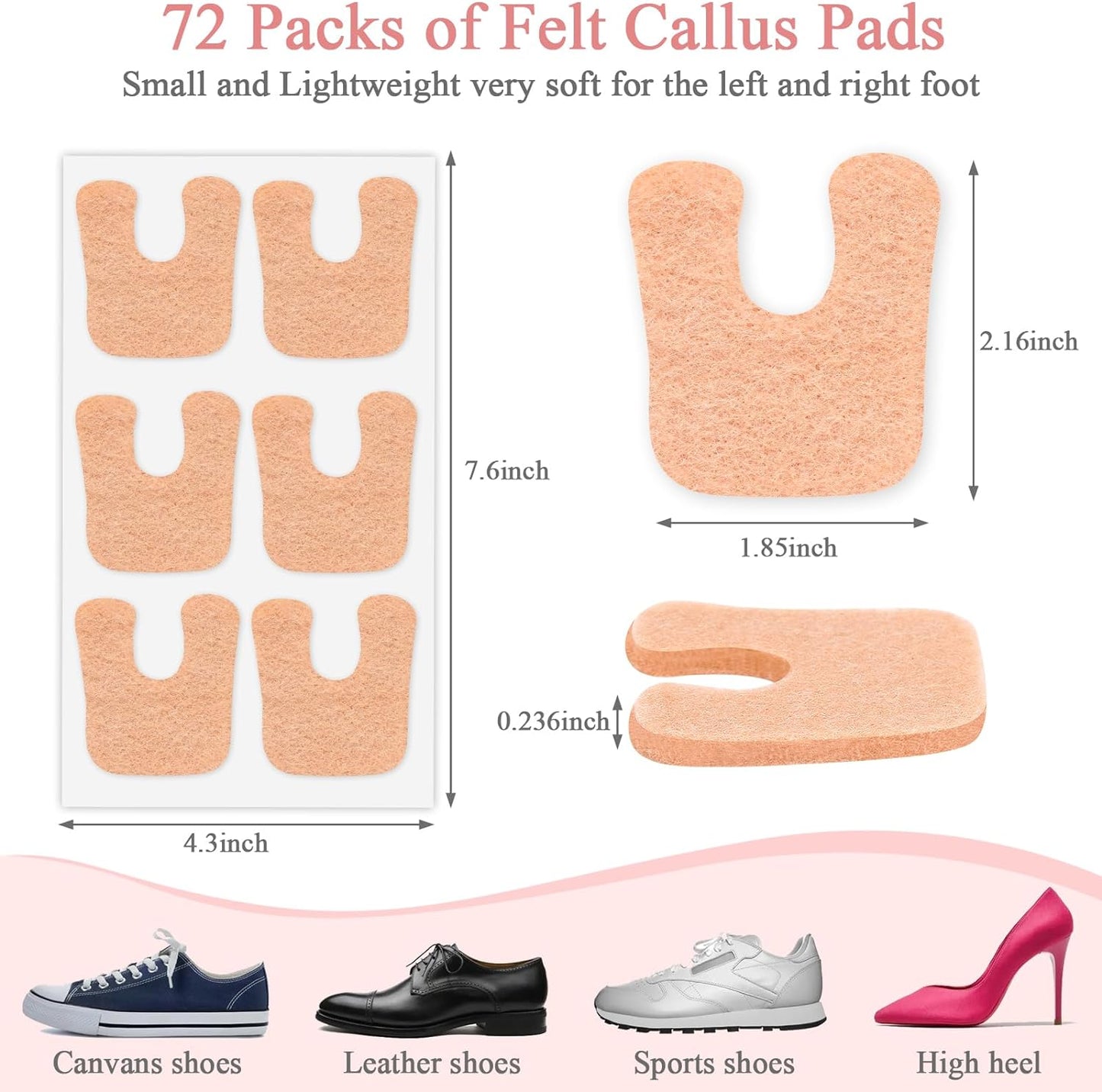 Jollidecor Callus Cushions U Shaped Felt Callus Pads Self Adhesive Foot Pads, 72Pcs Keep Calluses from Rubbing on Shoes Adhesive Pads for Men and Women, Brown