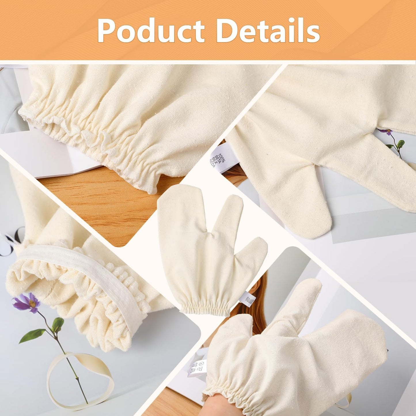 Garshana Gloves Raw Silk Massage, Raw SilkGloves Garshana with Elastic Wrist Bands, Exfoliating Bath Massage Raw Silk Gloves, for Skin BrushingMassage