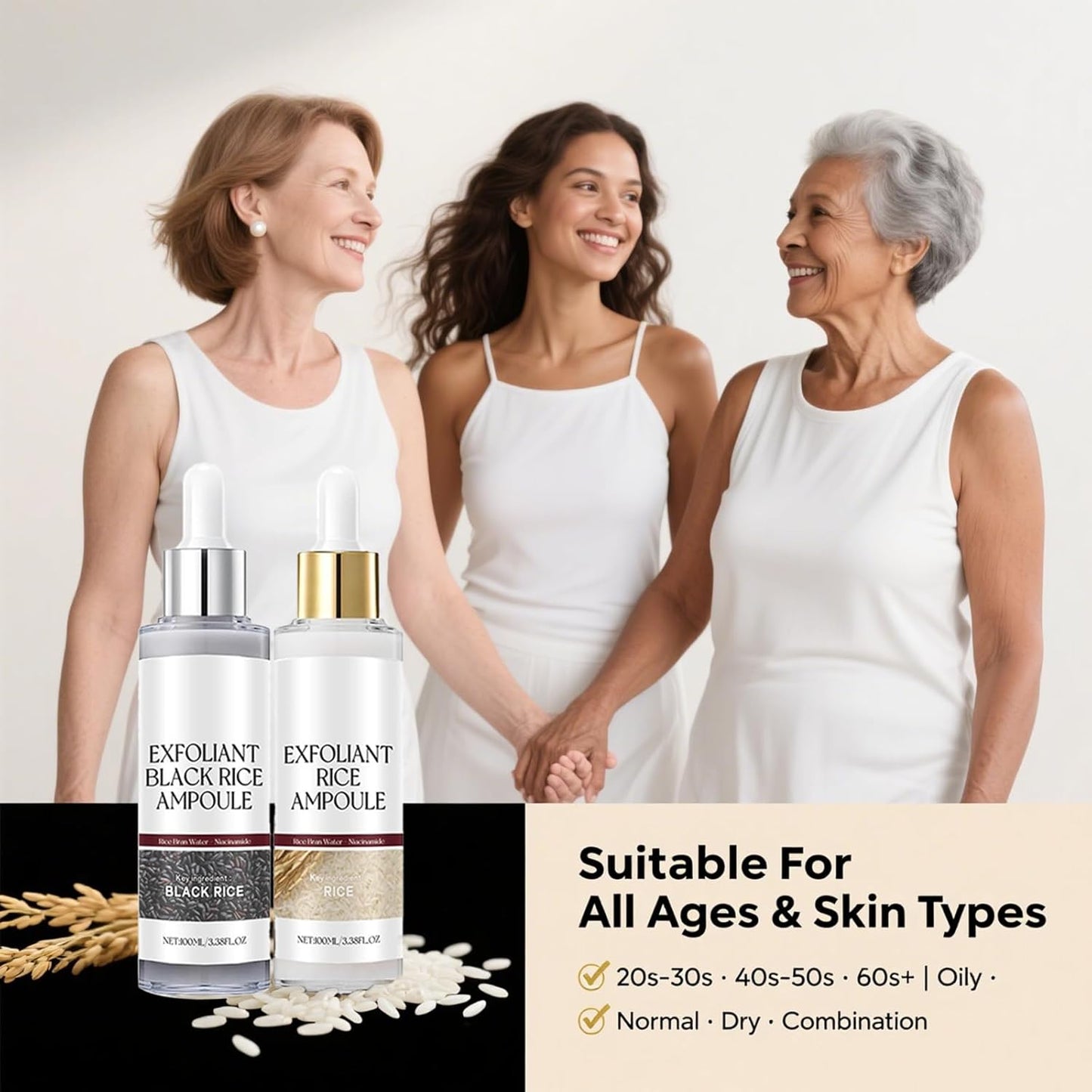 Glow Rice Ampoule Duo Day & Night - 2PCS White & Black Rice Peeling Ampoule for Face & Body, Gentle Peel to Remove Dead Skin & Blackheads, Rejuvenating Hydration Exfoliant for All Skin Types 100ml