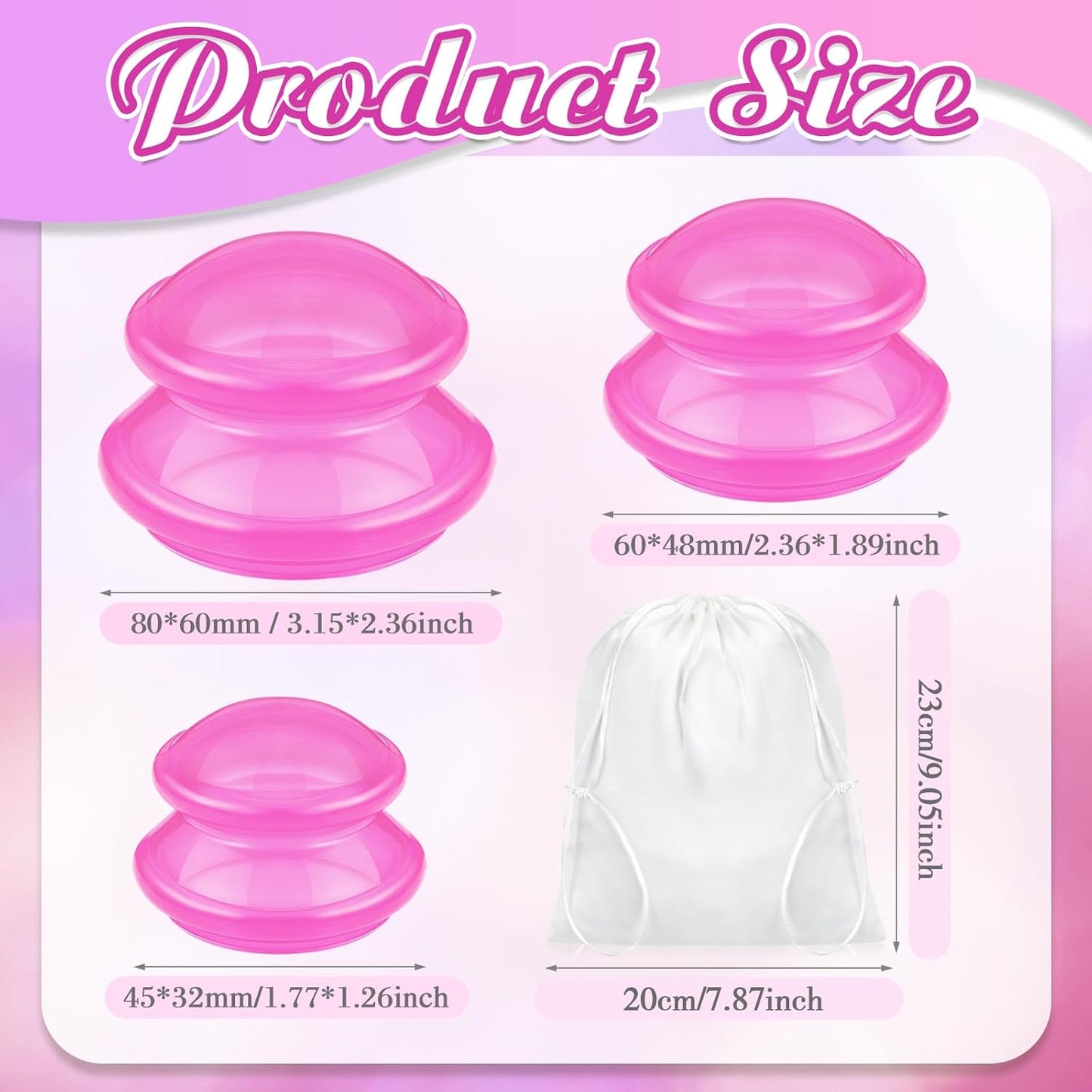 TrelaCo 6 Pcs Cupping Kit for Massage Therapy 3 Sizes Silicone Cupping Set Chinese Massage Therapy for Studio Household Cellulite Joint Pain Muscle Pain(Clear Hot Pink)