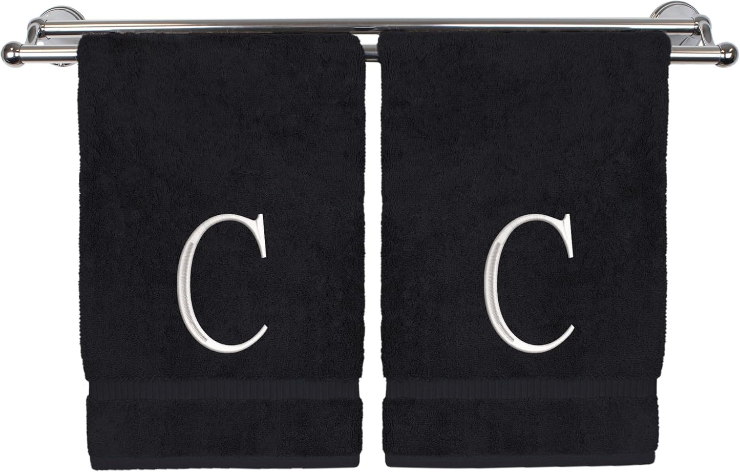 Monogrammed Hand Towel, Personalized Initial Gift, Extra Absorbent 100% Turkish Cotton - Soft Terry Finish - Set of 2 - White Block Initial C - Embroidered on Black Towels
