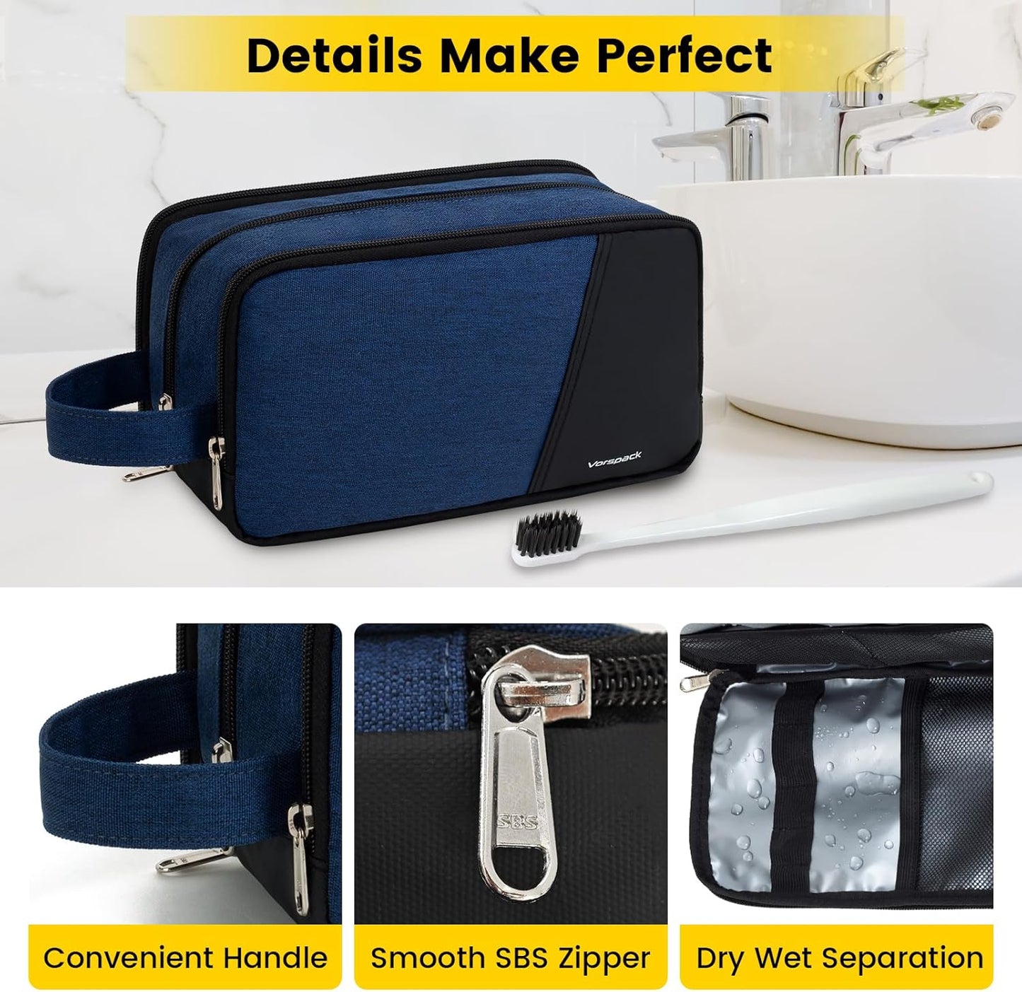 Vorspack Travel Toiletry Bag - Toiletry Bag for Men Water Resistant Skincare Bag for Bathroom Toiletries Accessories Gifts - Navy Blue