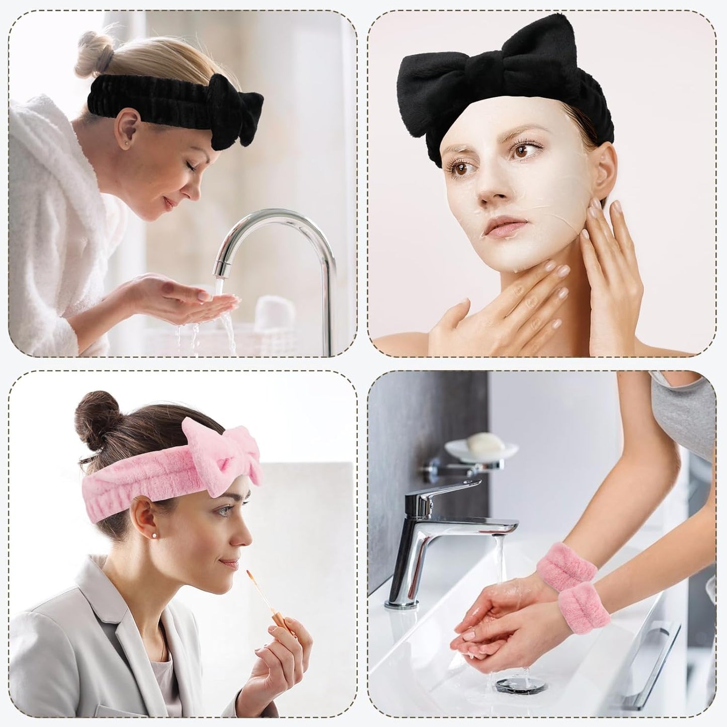 WSYUB Spa Headband and Wristbands for Face Washing,Face Wash Headband and Wristband Set,Black and Pink,6pcs