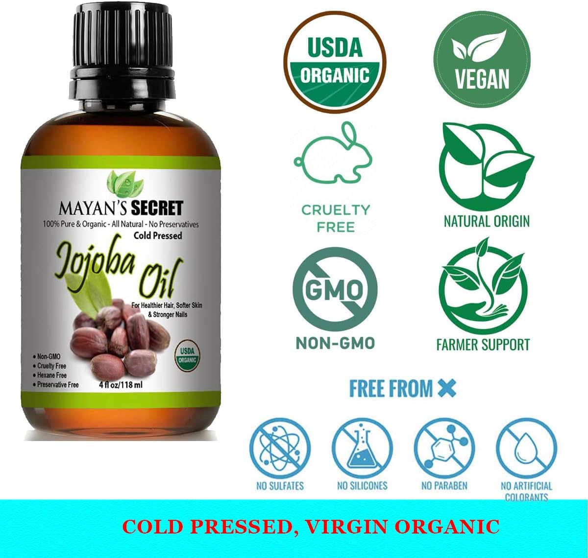 Mayan's Secret Pure Carrier and Essential oils for Skin Care, Hair, Body Moisturizer for Face-Anti Aging Skin Care (Jojoba Oil Organic, 4oz)