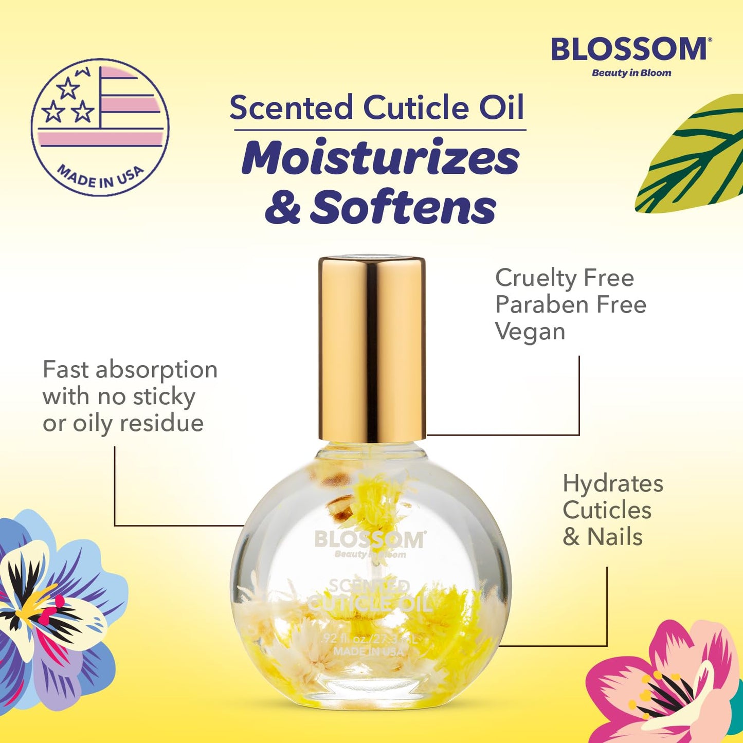 Blossom Cuticle Oil for Nails, Hydrating, Moisturizing, Scented Nail Oil Cuticle Care, Infused with Real Flowers, Made in USA, 0.92 fl. oz, Lily