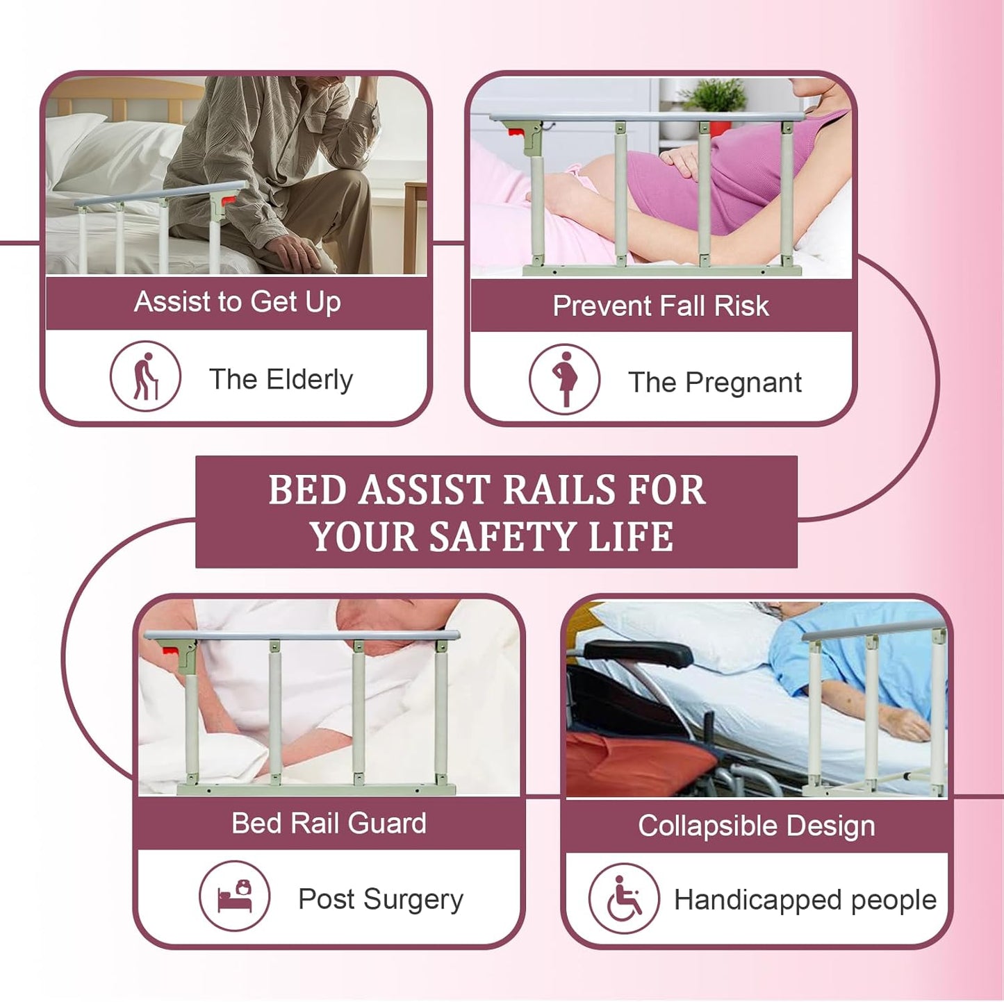 30″ Folding Bed Rail–Safety Bed Rails for Elderly Adults (Twin–King,Tool-Free) Supports300lbs|Non-SlipStrap&FoamBase|180°Fold-DownDesign|Height17–21″Adjustable|PaddedGrip&OrganizerPouch