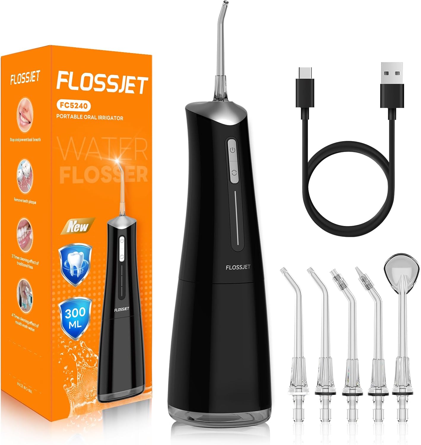 Water Dental Flosser Cordless Oral Irrigator with 300ml 5 Tips 4 Modes USBCharger Portable Travle Irrigation Cleaner IPX7 Electric Irrigador Dental for Teeth Cleaning (Black)