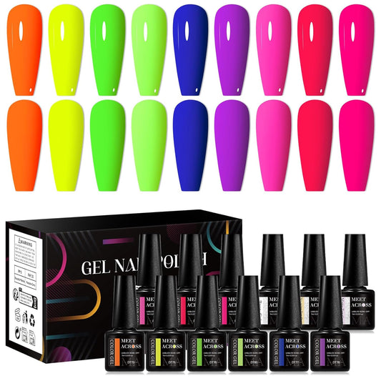 MEET ACROSS 9 Colors Gel Nail Polish + 3PCS Function Gel Nail Polish Kit,Fashion Nail Art Set Design Gifts for Women Manicure Salon (SET13, 12pcs)