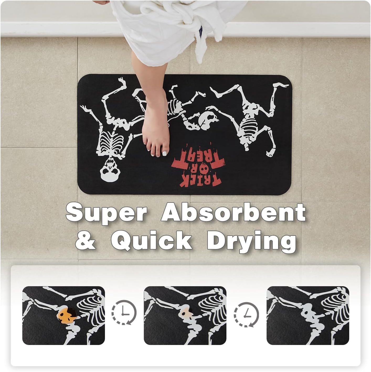 Halloween Bath Mat, Thin Halloween Bathroom Rug Non Slip Quick Dry Skeleton Bath Mat Fits Under Door Thin Floor Mat Halloween Decor, 24''x36'', Skull Treat or Trick Black