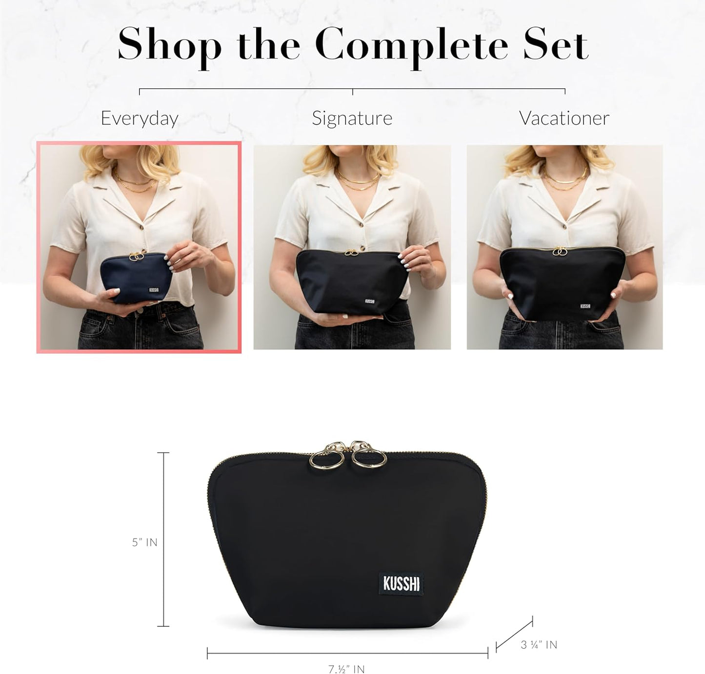 KUSSHI Washable Travel Makeup Bag for Purse (Everyday, Satin Black/Red)