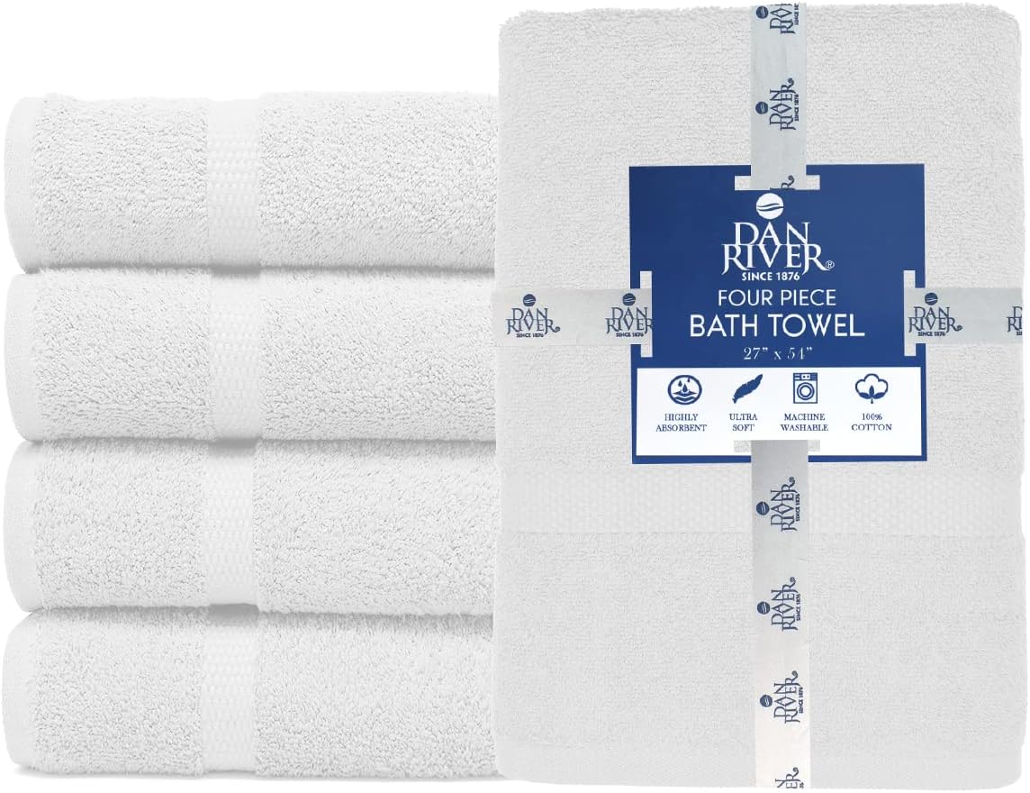 DAN RIVER Bath Towels Set of 4, 27 x 54 Inches, 100% Cotton, Larger & Lighter Weight, Quicker to Dry, Super Soft and Absorbent, Ideal White Towels for Daily Use