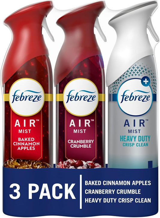 Febreze Air Effects Odor-Fighting Air Freshener Apple Cider, Cranberry Tart, Heavy Duty Crisp Clean, 8.8 oz. Aerosol Can, Pack of 3