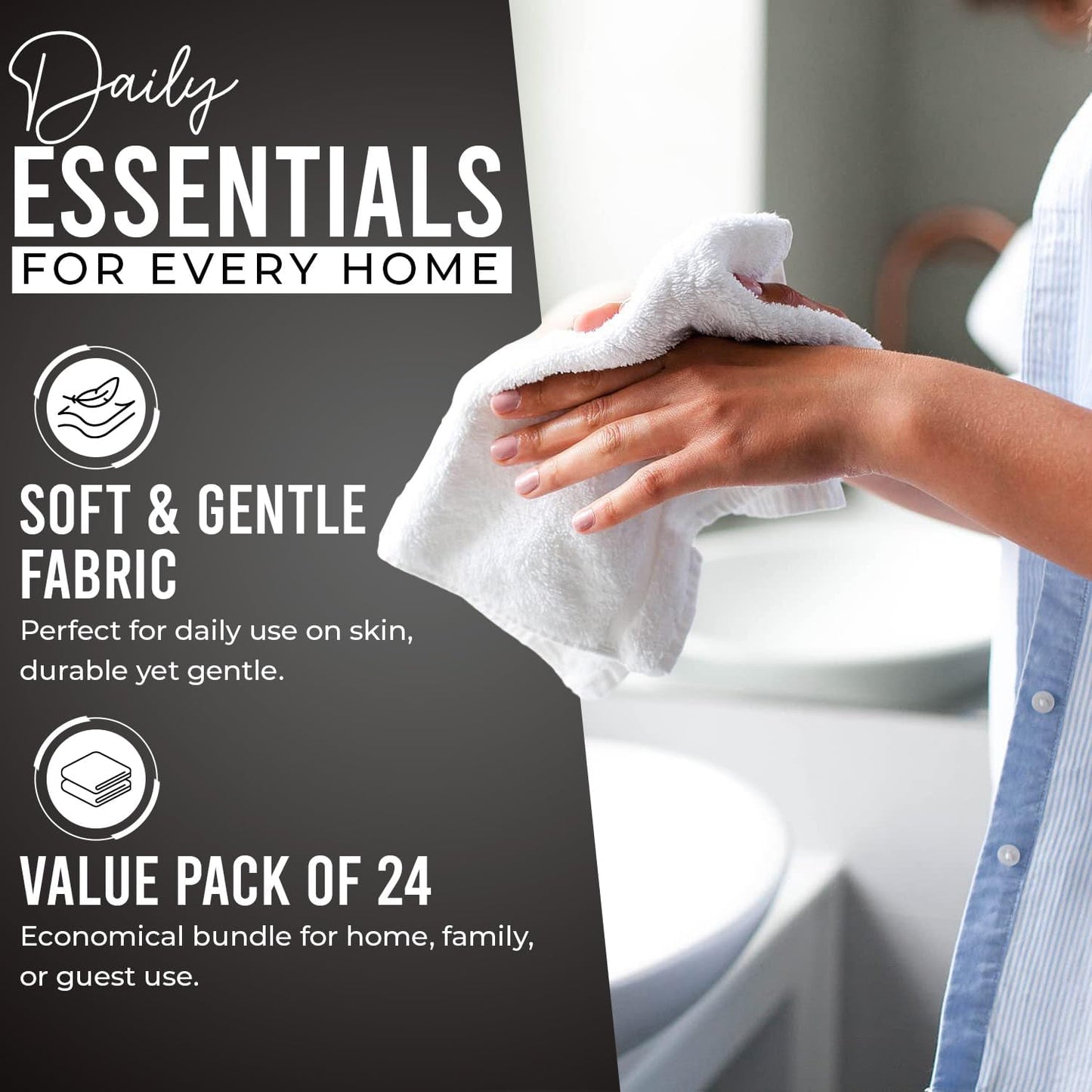 DAN RIVER 100% Cotton Wash Cloths 24 Pack [12x12] Soft & Absorbent wash Cloths for Body, Gym, Hotels & Spa Perfect for Everyday Use Fingertip Towels, Black