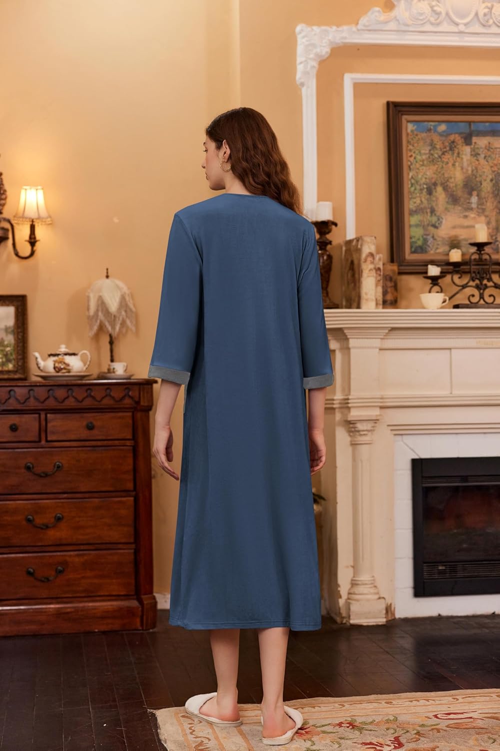 Ekouaer Women Zipper Robe 3/4 Sleeves Loungewear Dress Full Length Sleepwear Pockets Housecoat Nightgown Long Bathrobe