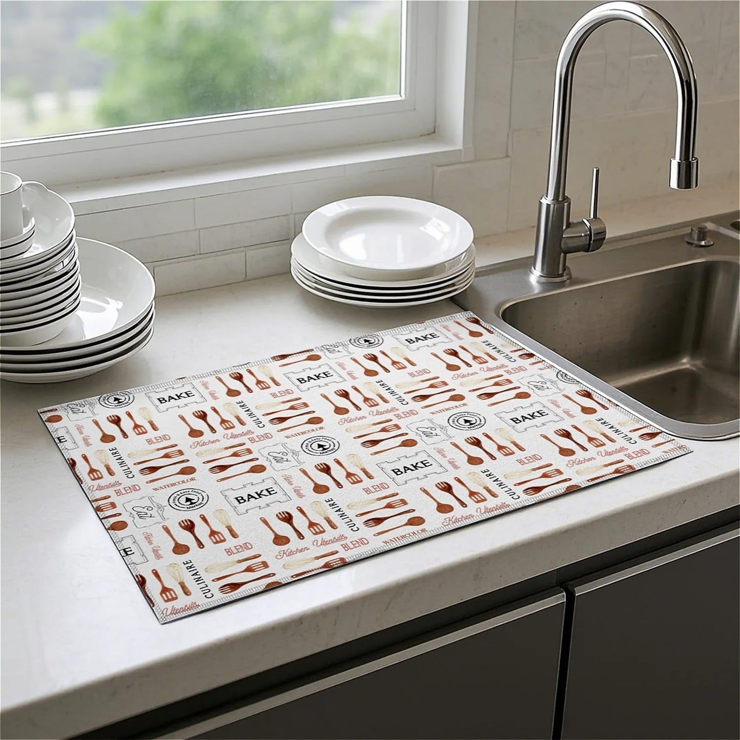 Dish Drying Mat For Kitchen Counter, Vintage Tableware Microfiber Absorbent Dish Drainer Rack Pad Reusable Large 18x24in Drying Mat