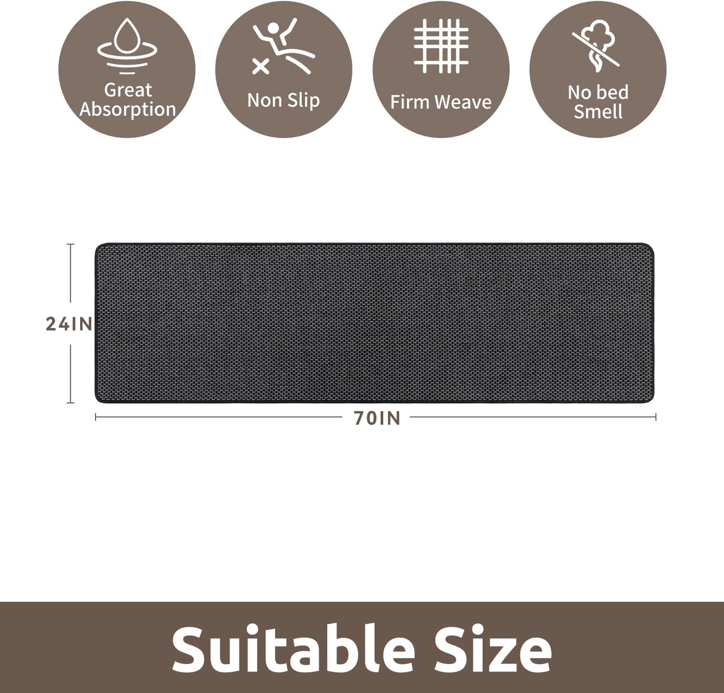 AMOAMI Chenille Bath Mat Super Absorbent Bathroom Mat Quick Dry Low Pile Bath Mats for Bathroom Washable Rubber Backed Bathroom Runners Fit Under Door, Front of Bathtub, Sink, Darkgrey&Black 24"x70"