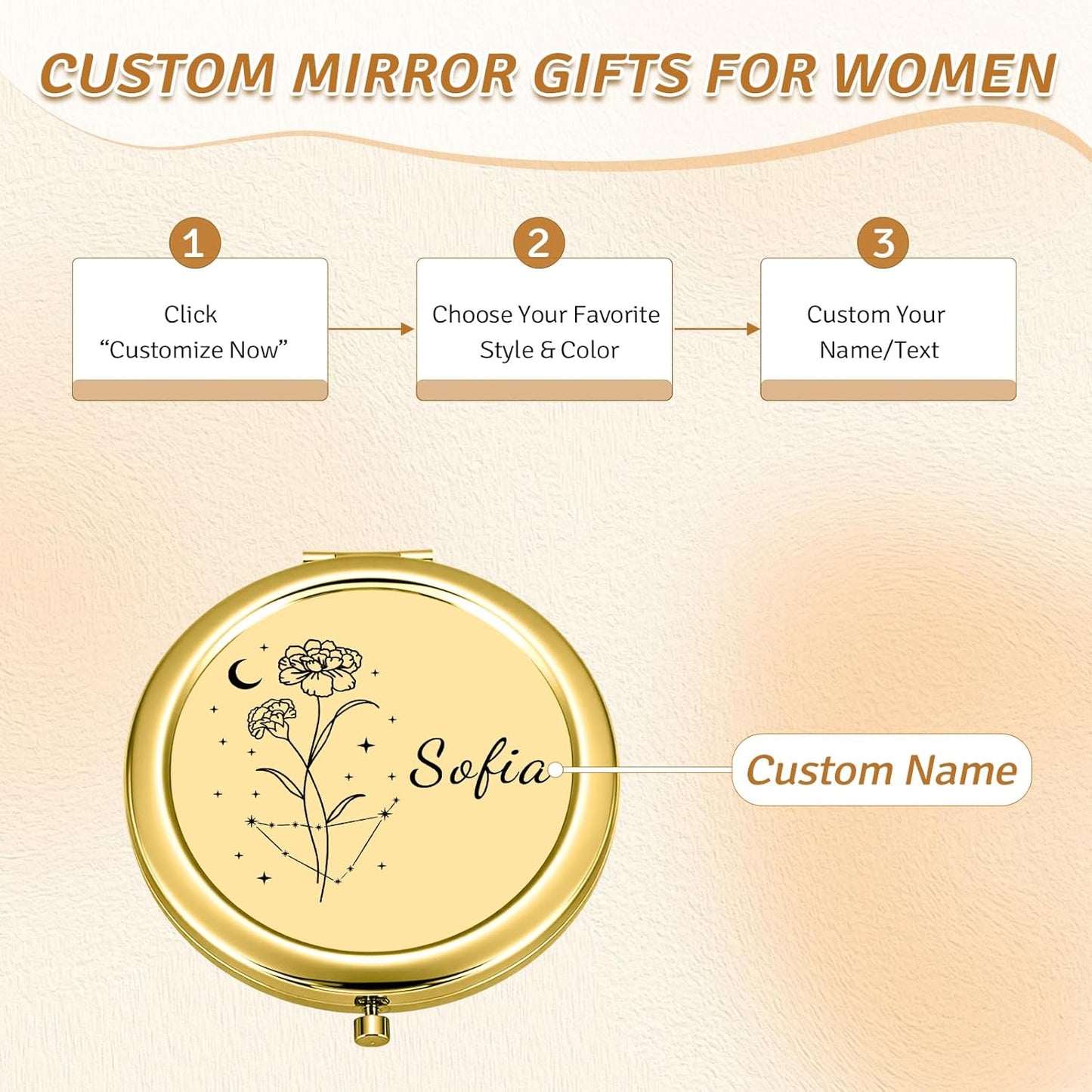 Custom Compact Mirror with Name - Personalized Flip Makeup Travel Pocket Mirror Gift for Women Bridesmaids Wedding Birthday (Birth Flower)