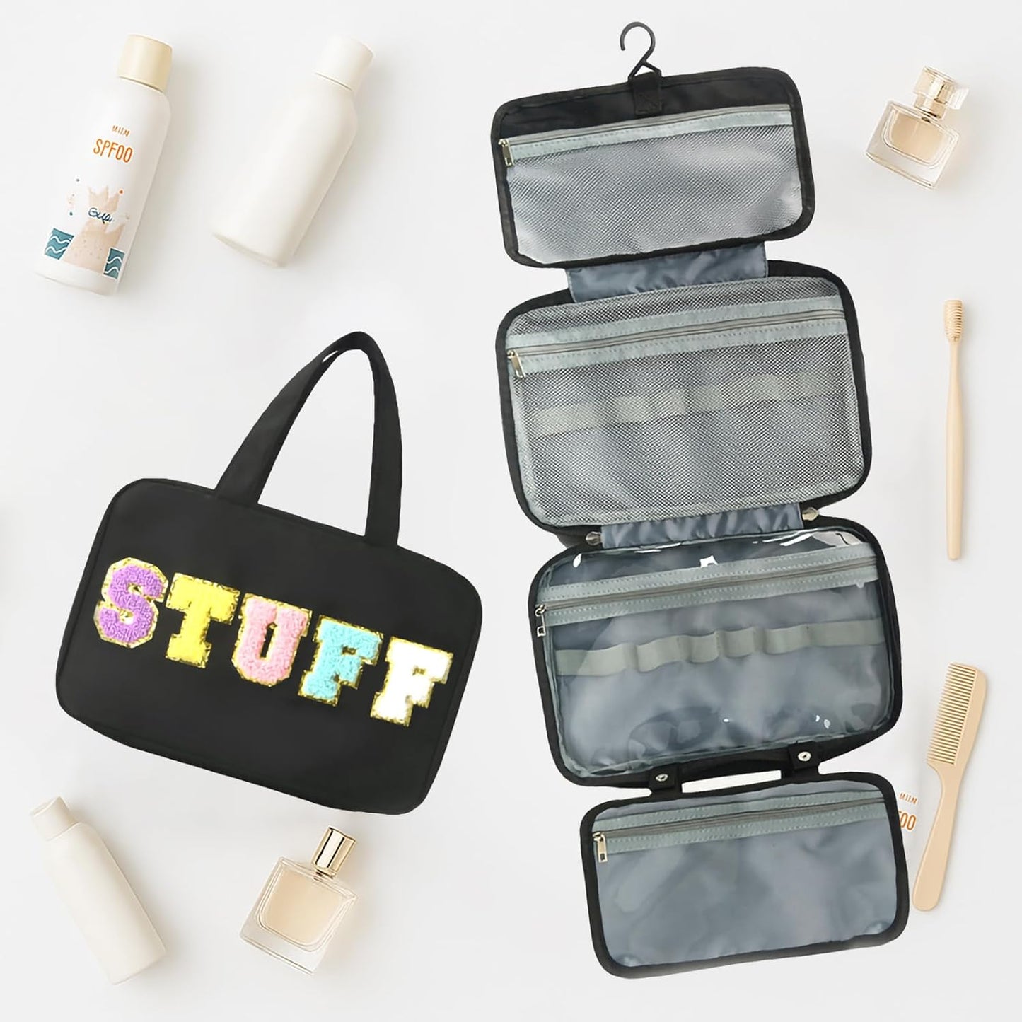 Toiletry Bag for Women Chenille Letter Makeup Bag Water-resistant Cosmetic Bag Travel Bag with Hanging Hook Preppy for Store Toiletries Cosmetic Accessories Large Capacity Black