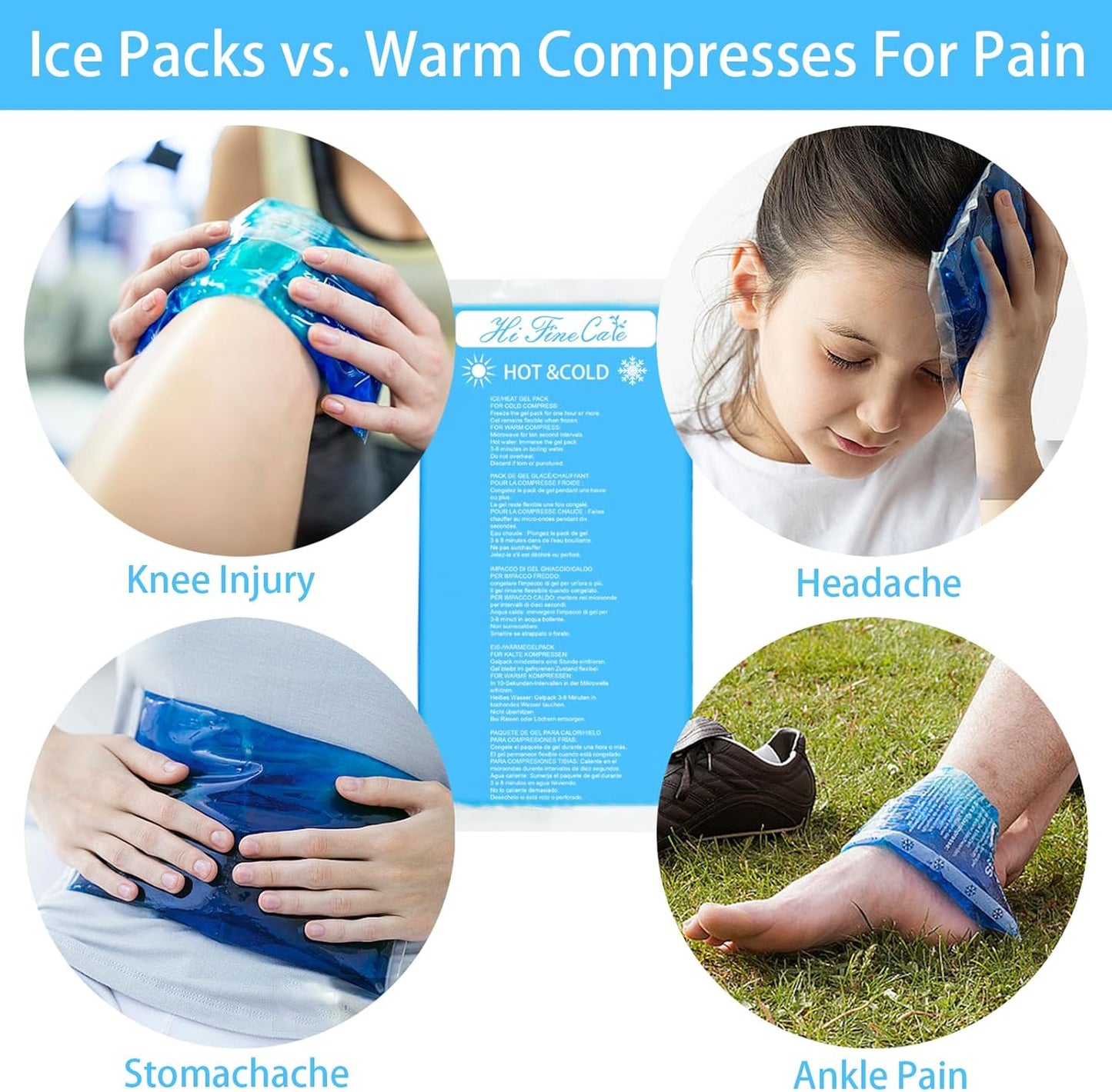Gel Ice Packs, Cold Packs for Injury Recovery, Cold Compress for Pain Relief, Hot Cold Pack Relieves Inflammation, Arthritis for Headache, Ankle, Neck (Blue (2 Pack), 10×5 inch (28×13cm))