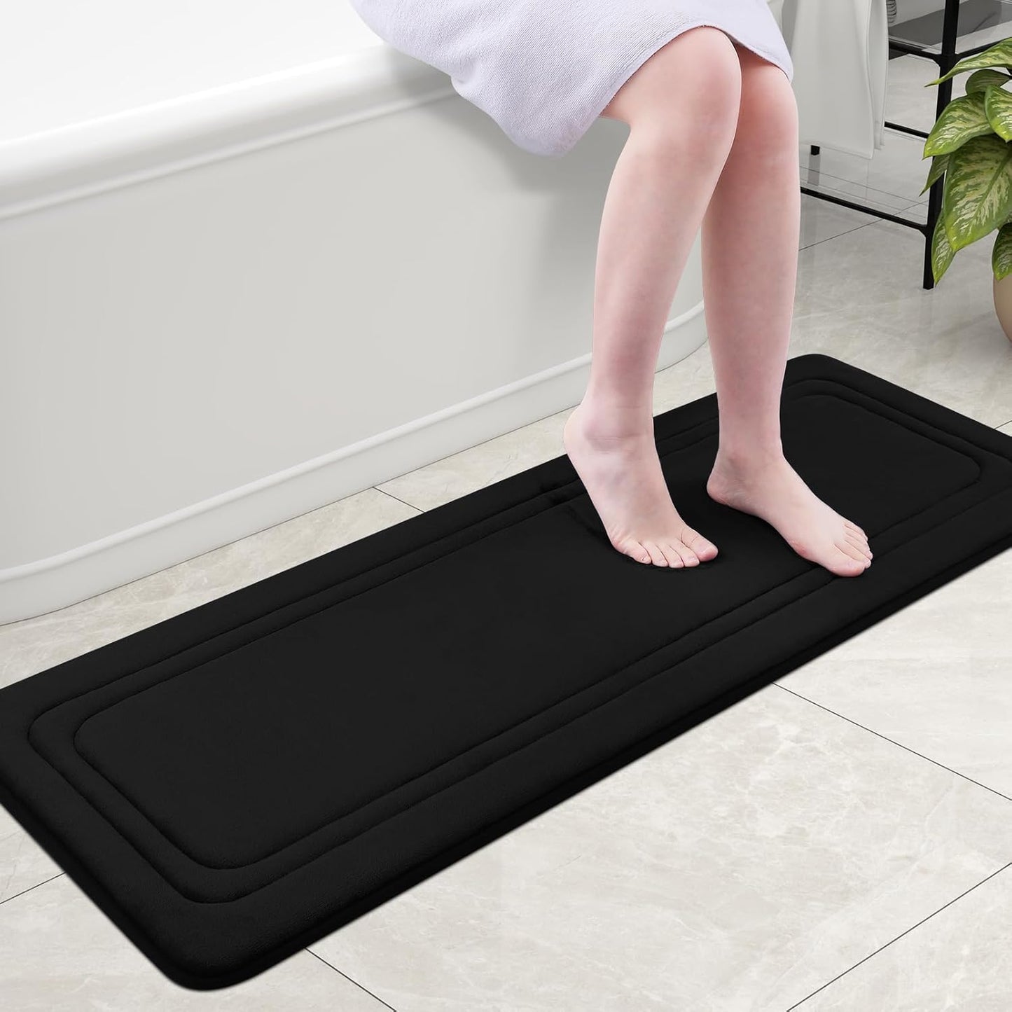 Grandaily Memory Foam Bath Mat Rug 47x17, Ultra Soft, Non-Slip and Absorbent Bathroom Rugs, Machine Wash Dry, Comfortable Bath Carpet for Bathroom Floor, Tub and Shower, Black