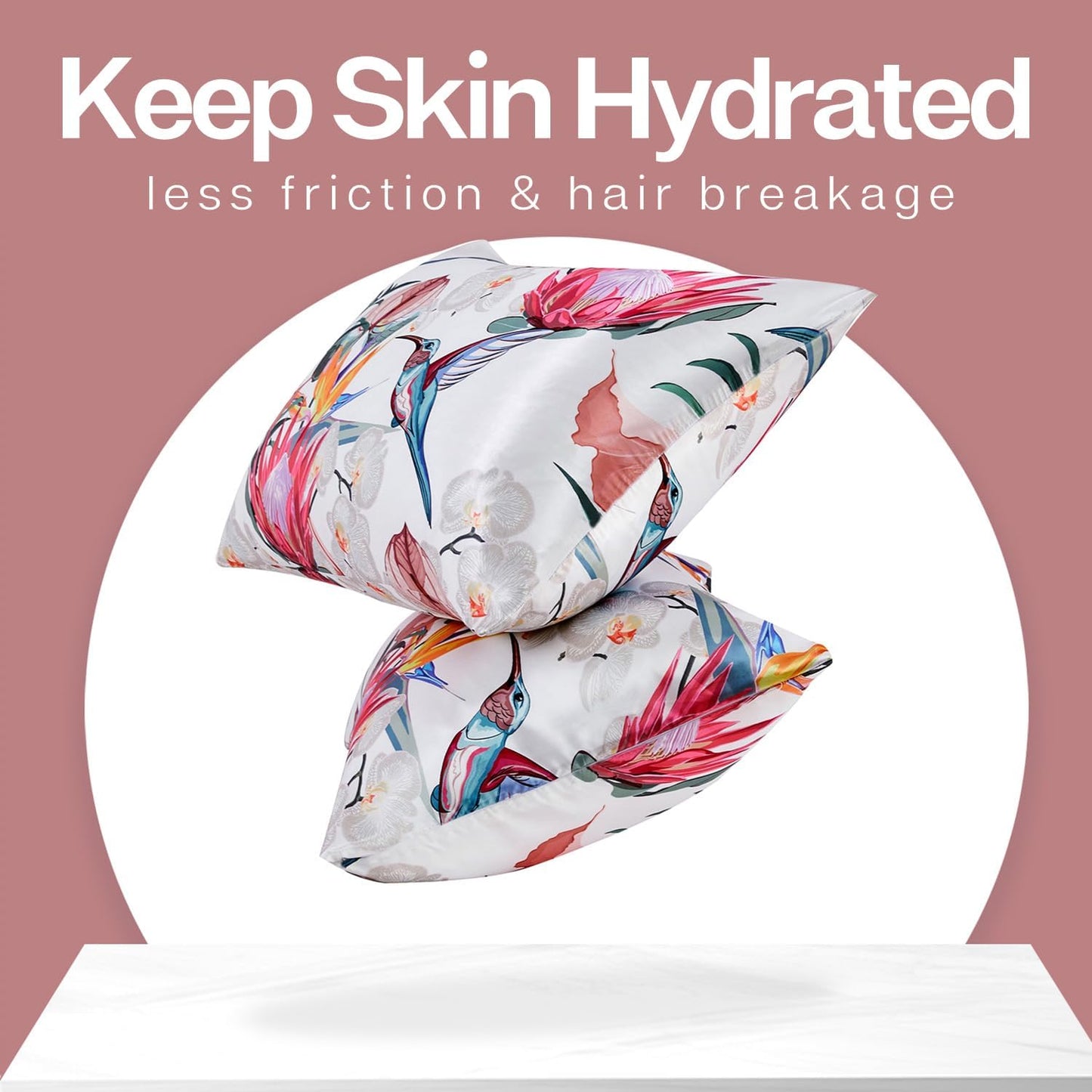 MR&HM Satin Pillowcase for Hair and Skin, Silk Satin Pillowcase 2 Pack, Standard Size Pillow Cases Set of 2, Silky Pillow Cover with Envelope Closure (20x26, Floral Bird)