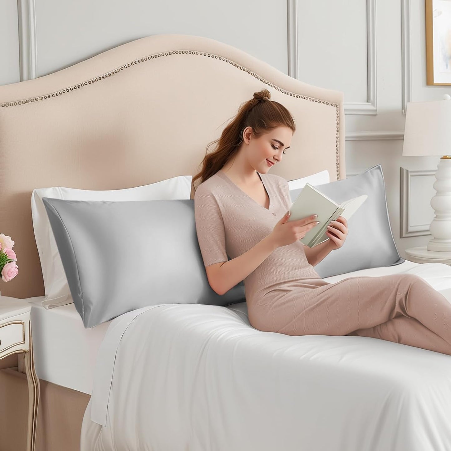 INFIIXSO Body Pillow Cover with Zipper, Luxury Mulberry Silk Body Pillow Case 20x54 Inches, Ultra Smooth and Soft Cooling Long Pillowcase, Gift for Women, Men(Light Grey)