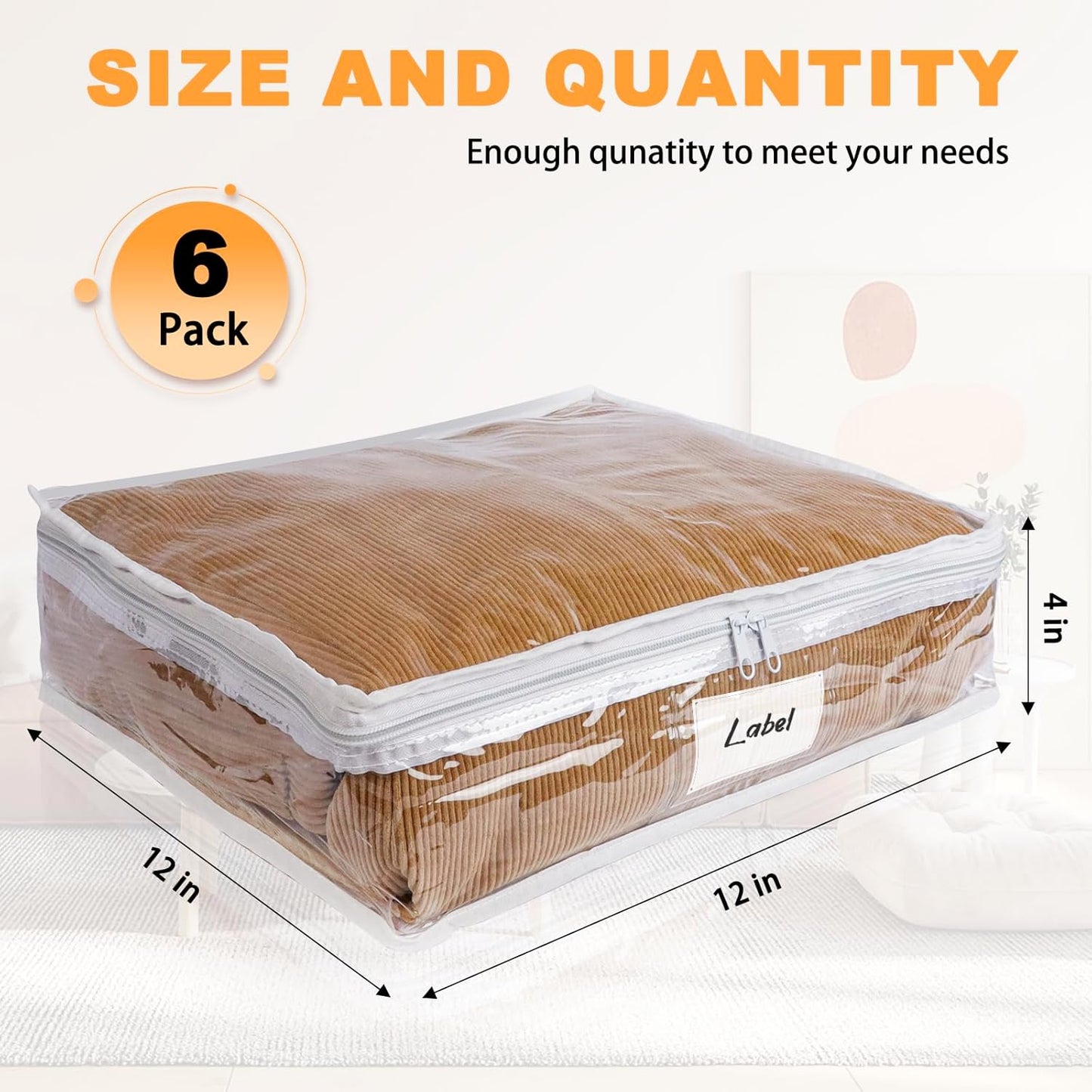 Clear Zippered Storage Bags Plastic Sweater Storage Bags with Zipper 6 Packs Clothing Organizer for Blankets Linen Sweater Bed Sheet Quilt Clothes Pillow (12 x 12 x 4 Inch)