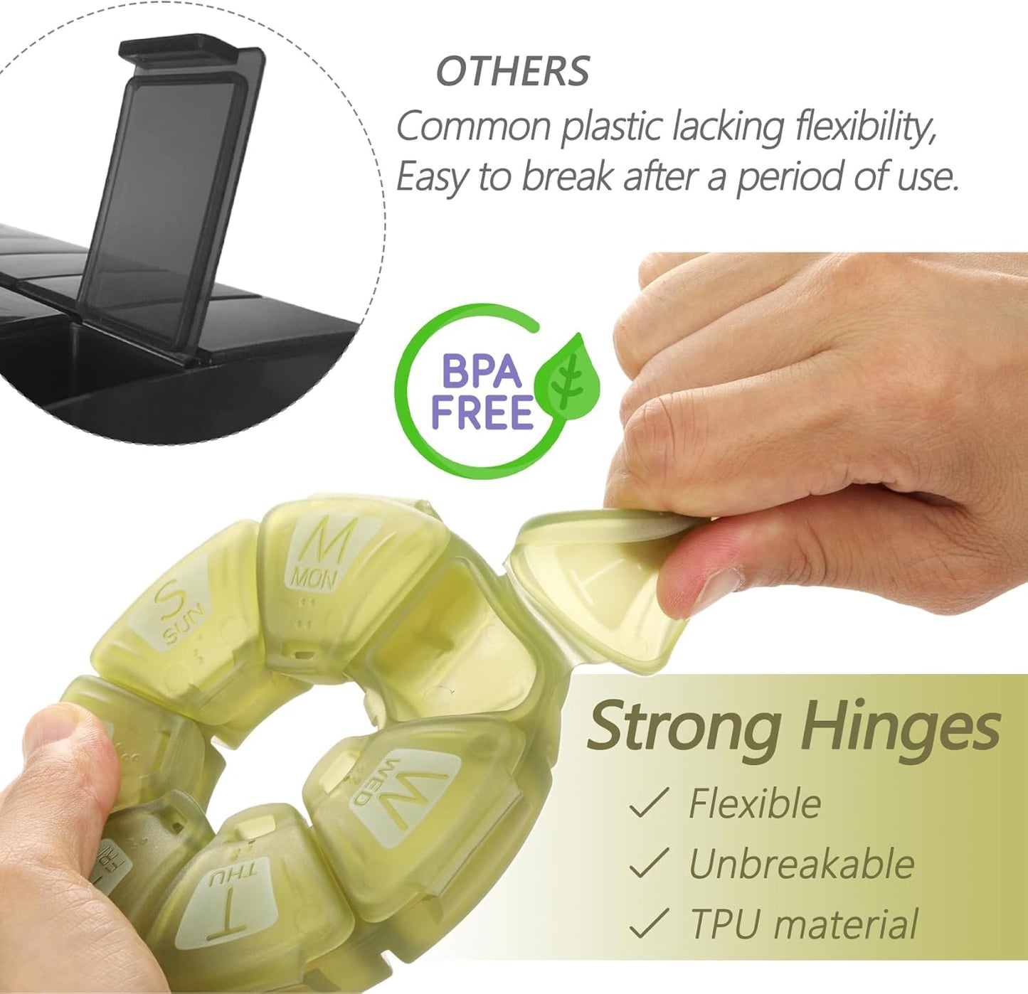 Round Weekly Pill Organizer, TPU Rubberized, Travel Pill Container 7 Day, with 7 Large Compartments, Great for Daily Vitamins & Supplements, Cute Pill Case with Large Letters and Braille (Green)