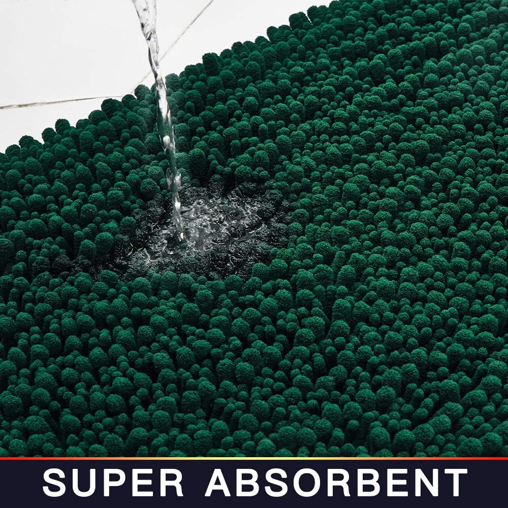 Walensee Bathroom Rug 2 Pieces Set Non Slip Bath Mat (20"x32" Plus 20"x24" U Hunter Green) Water Absorbent Super Soft Shaggy Chenille Machine Washable Dry Extra Thick Perfect Carpet for Shower Floor