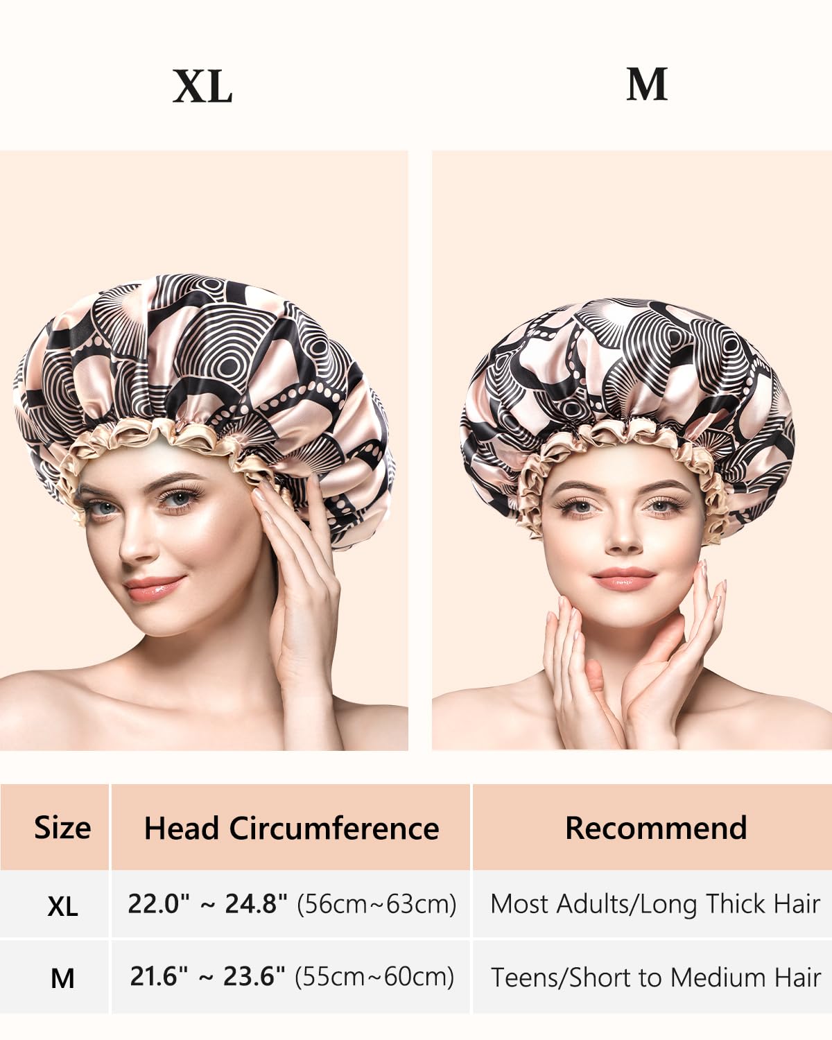 mikimini Champagne Large Shower Caps Pack of 2, Shower Cap for Women Long Hair with Black Lace, Reusable Waterproof Shower Hat for Girls