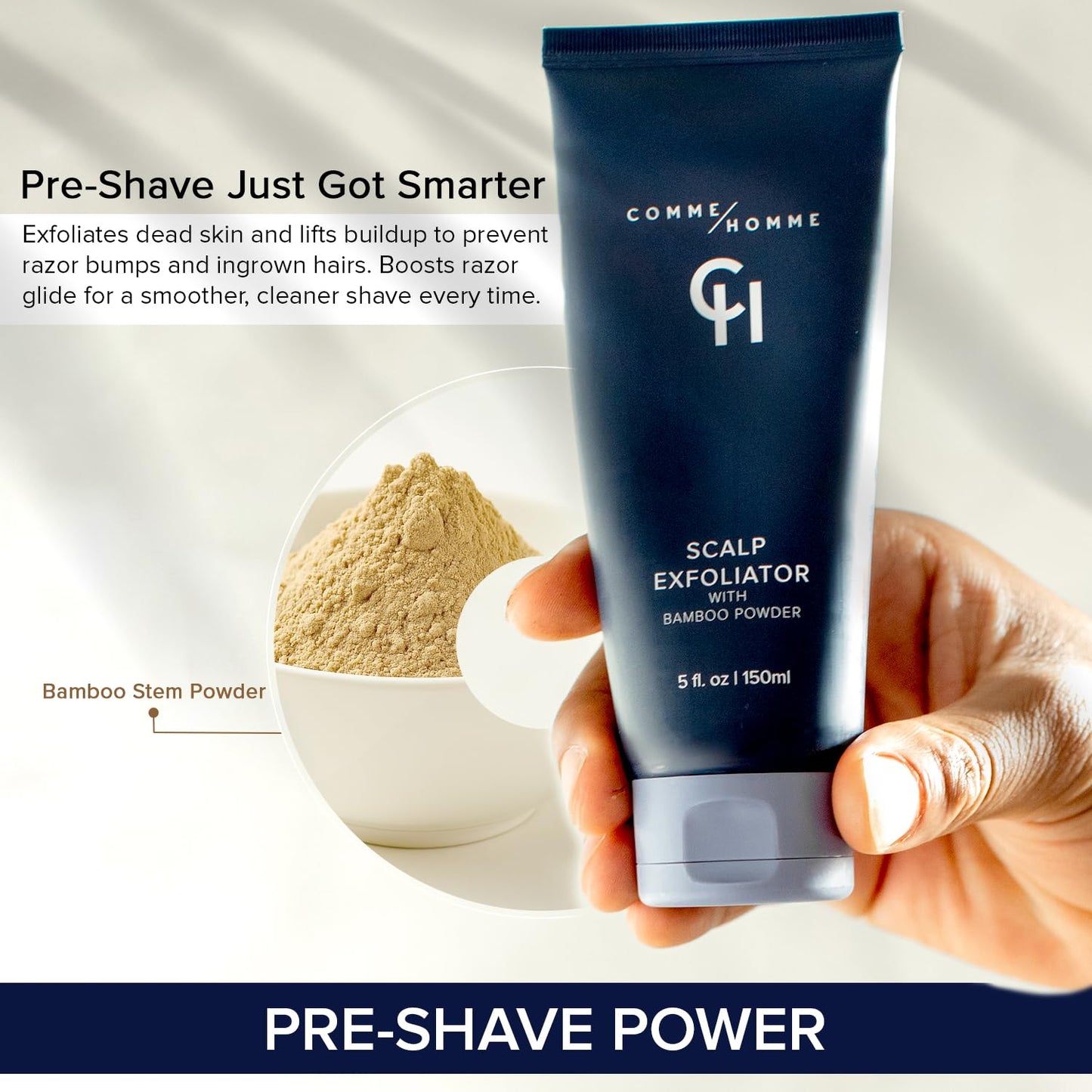 Comme Homme Scalp Exfoliator for Bald Men – Detoxifying Pre-Shave Scrub with Bamboo, Glycolic Acid, Aloe & Caffeine – Removes Dead Skin – Anti-Aging – 5 fl oz / 150 ml