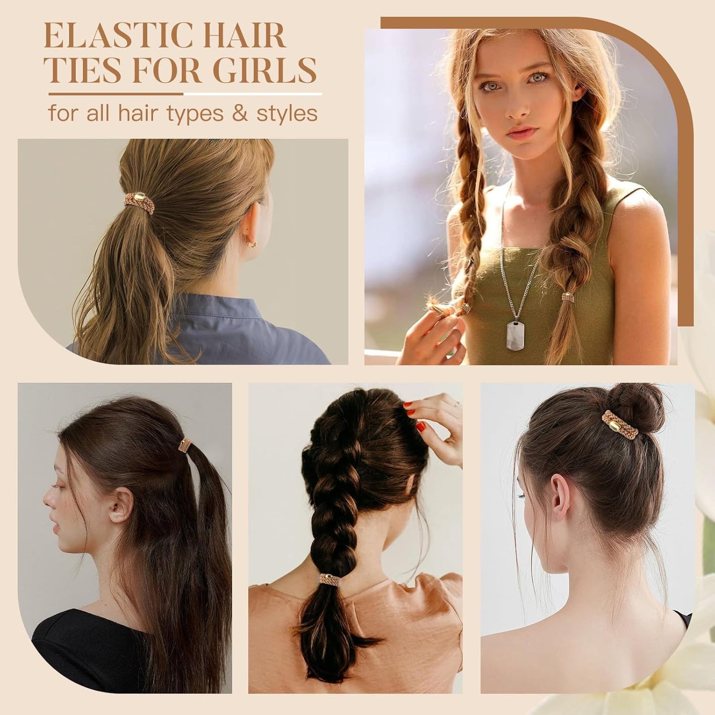 Hair Ties No Damage - 10PCS Ponytail Holders - Elastic Hair Ties for Thick Hair - Braided Hair Bands for Women Girls's Hair - Khaki