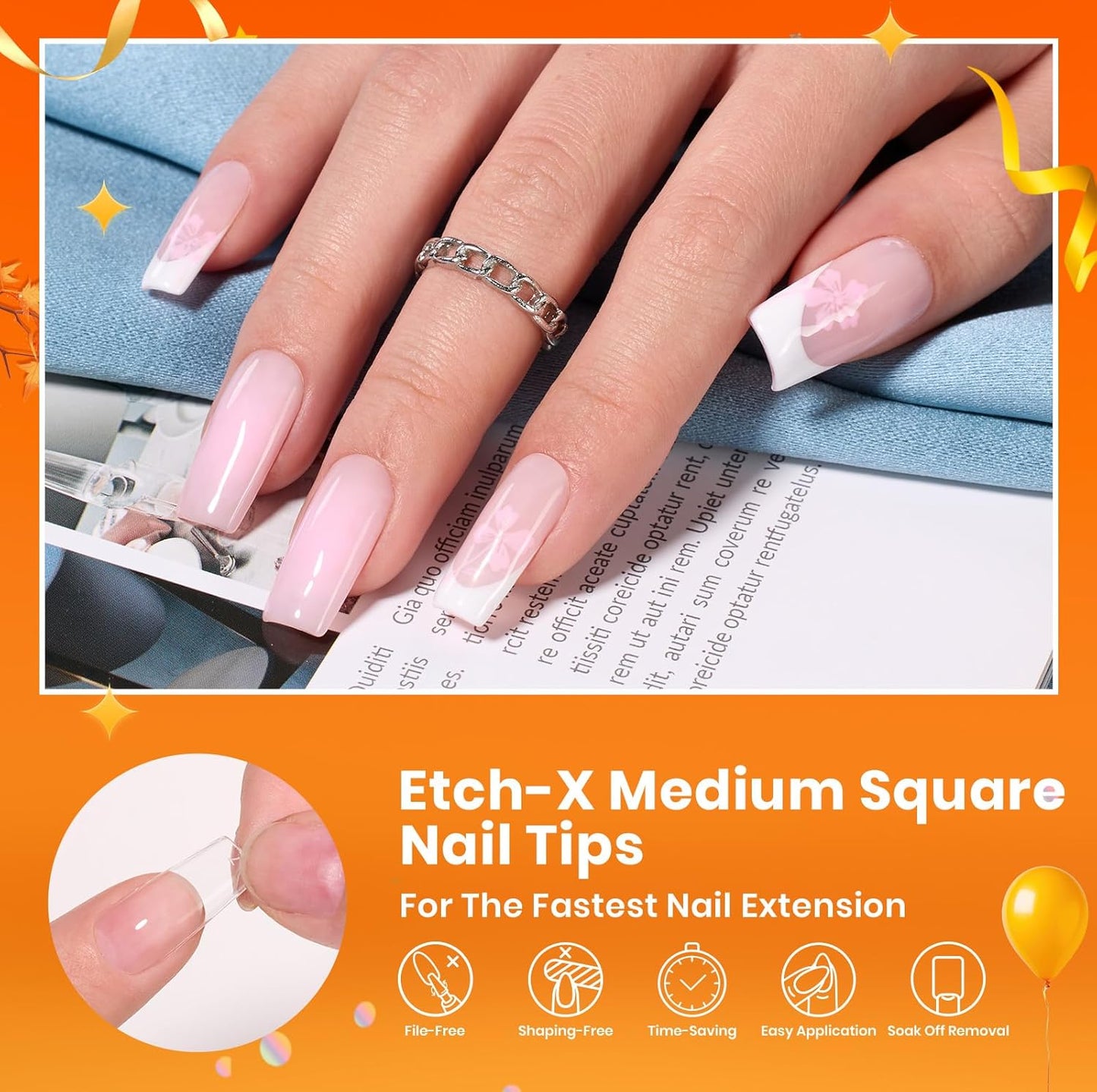 Beetles Gel Nail Tips Etch-X, Square Medium, 288Pcs 12 Sizes, Pre-Etched Half Matte Soft Acrylic False Nail Tips Full Cover Easy DIY Fake Press On Fall Nail Extension Salon Gift for Women