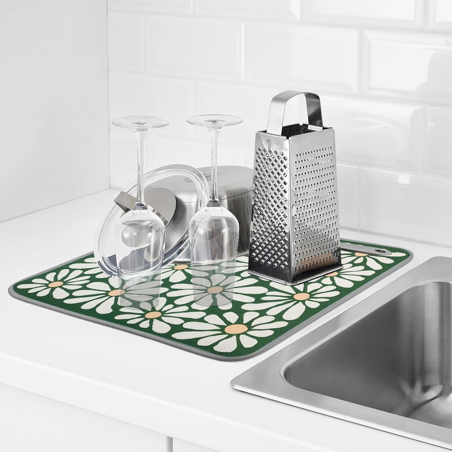 SHIYUE Dish Drying Mat for Kitchen Counter Super Absorbent Spring Kitchen Decor Microfiber Drying Matainers Rack Fast Pad Dish Drainer Mats(Green Flower,16''x18'')