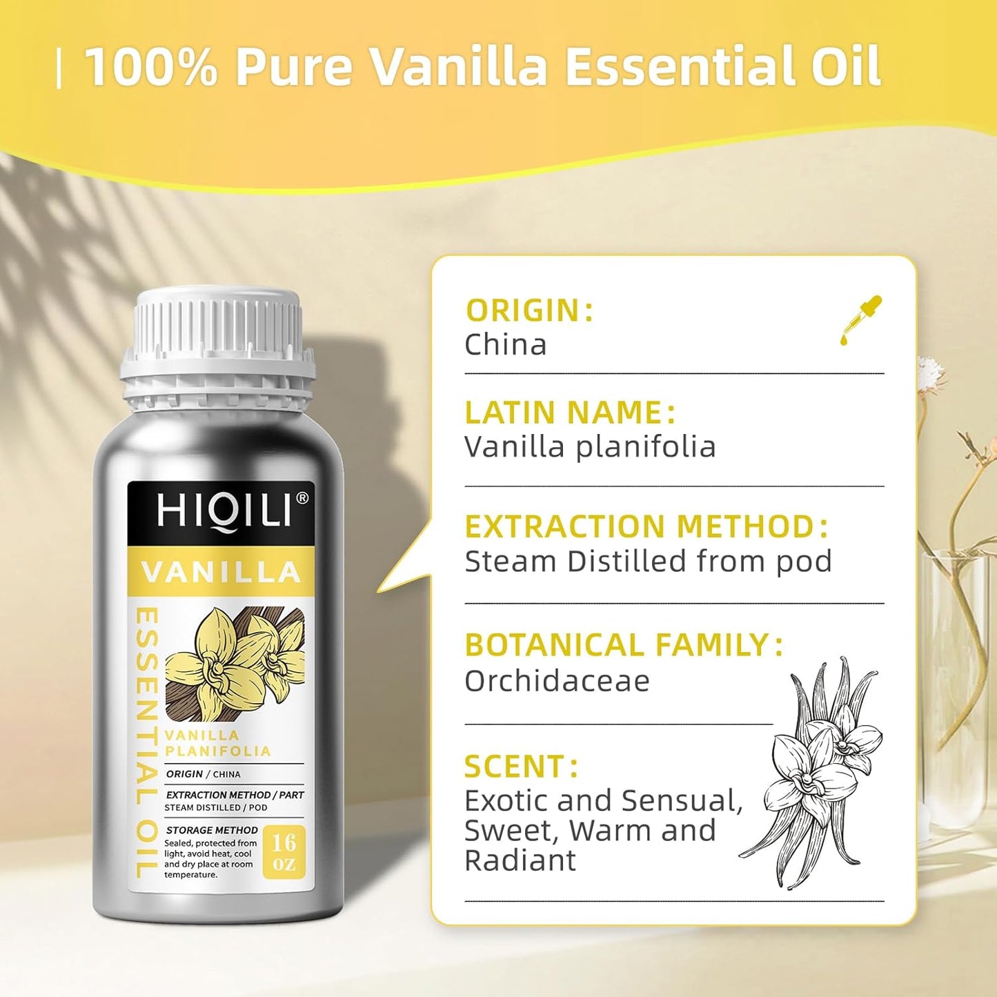 HIQILI 16 Ounces Vanilla Essential Oil, Strong Fragrance for Body Lotion, Candle Making, Soap, Aromatherapy -16 Fl Oz