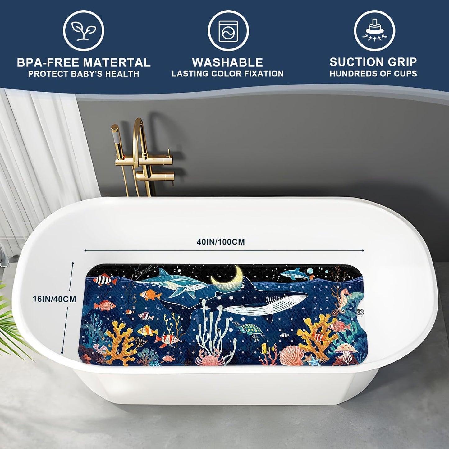 XIYUNTE Baby Bath Mat for Tub Non Slip Kids Bath Mat - 40"x16" Extra Long Bathtub Mat Non Slip Kids, Eco-Friendly Toddler Bath Mats with Suction Cups for Secure Grip, Easy to Clean & Easy Drying