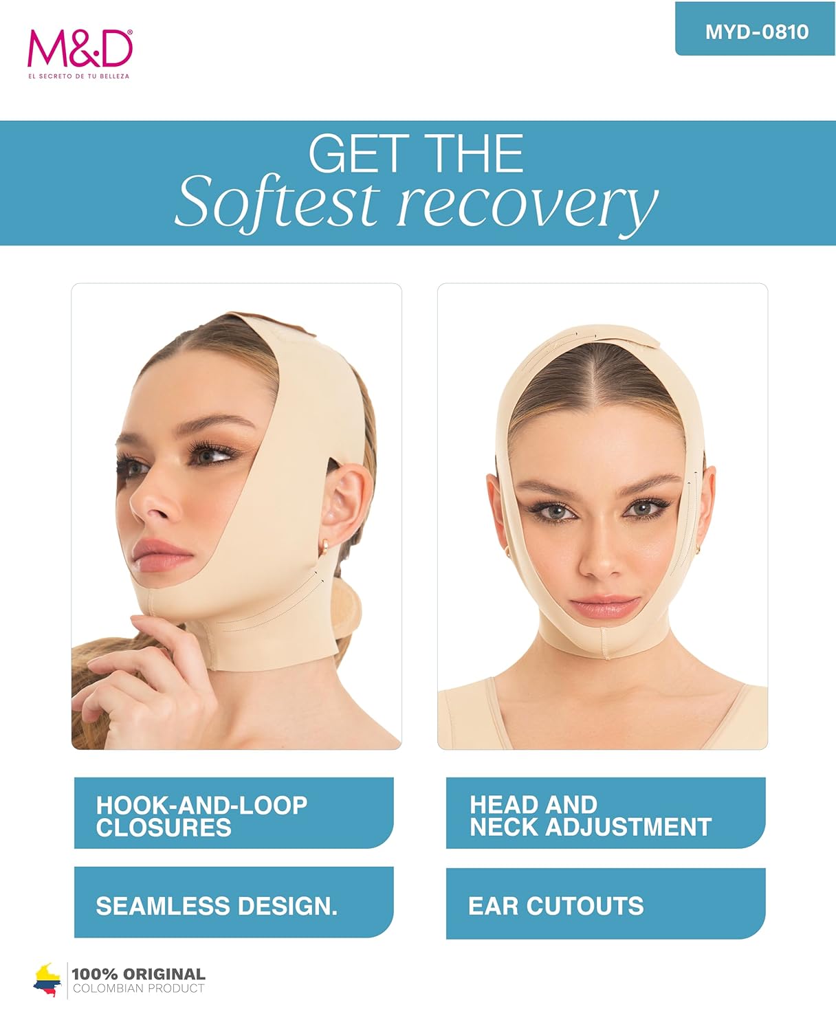 M&D Face Slimming Chin Strap Lipo Compression Garment Mentonera Postquirúrgica Facial Beige S