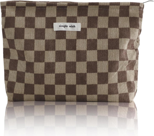 Wudygirl Travel Cosmetic Bag Checkered Makeup Bag Canvas Makeup Pouch for Women Toiletry Pouch Large Capacity Make up Organizer with Zipper Aesthetic (Brownish Checkered)