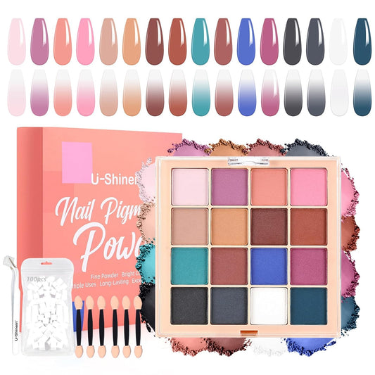 Nail Pigment Powder Palette Set, 16 Colors Ombre Nail Powder Palette with 100pcs Sponges & Tweezers French Aura Nails Ombre Nail Brush Nail Long-lasting Manicure Art DIY Accessories