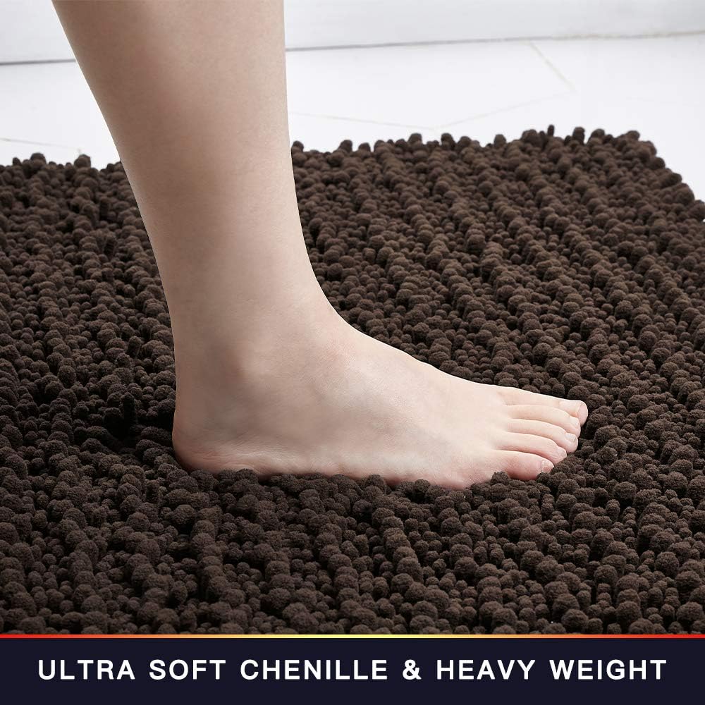 Walensee Bathroom Rug Non Slip Bath Mat (44x24 Inch Brown) Water Absorbent Super Soft Shaggy Chenille Machine Washable Dry Extra Thick Perfect Absorbant Best Large Plush Carpet for Shower Floor