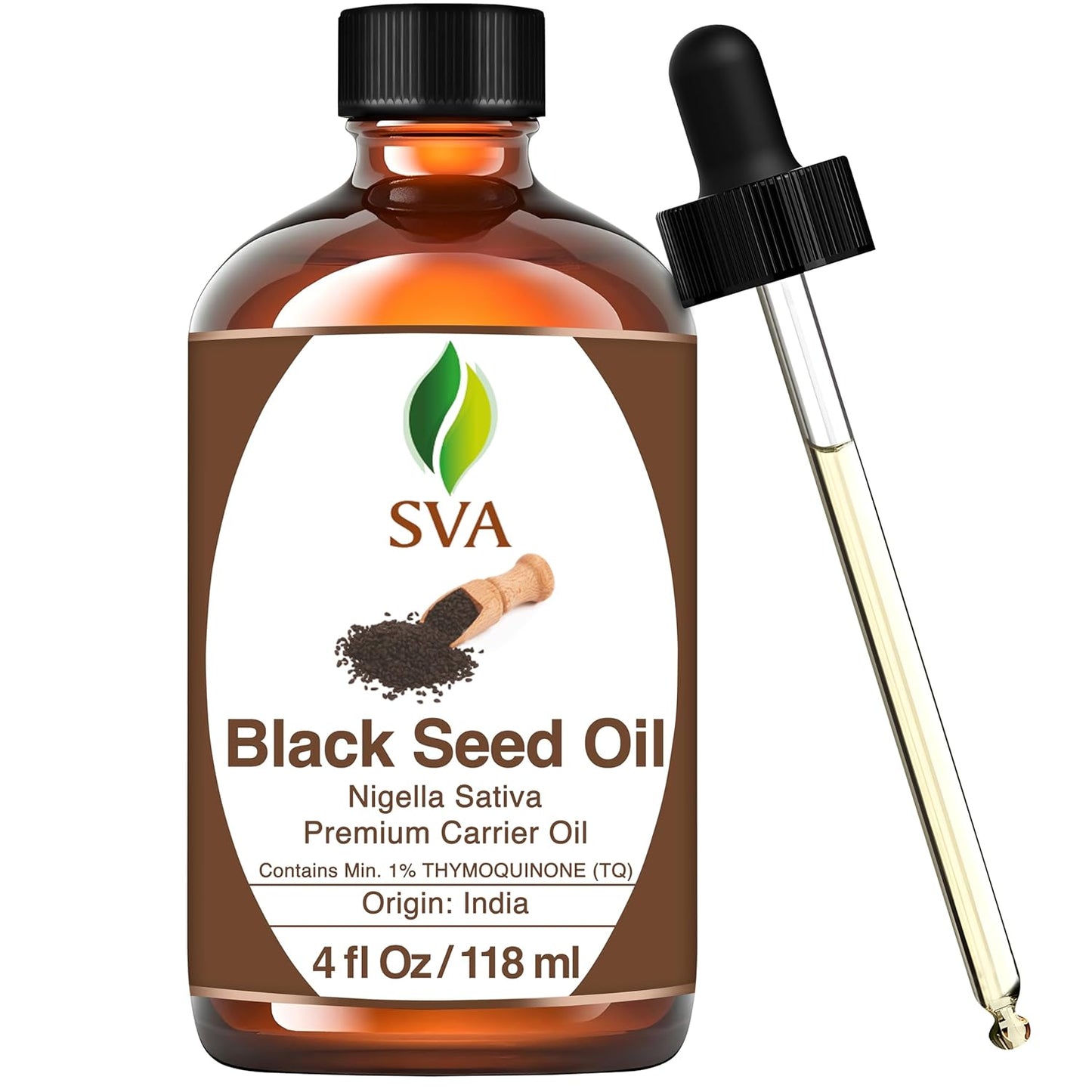 SVA Black Seed Oil - 4 Fl Oz – 100% Natural Cold Pressed Black Seed Oil - for Face, Skin Care, Hair Care, Scalp Massage & Body Massage – Carrier Oil with Dropper