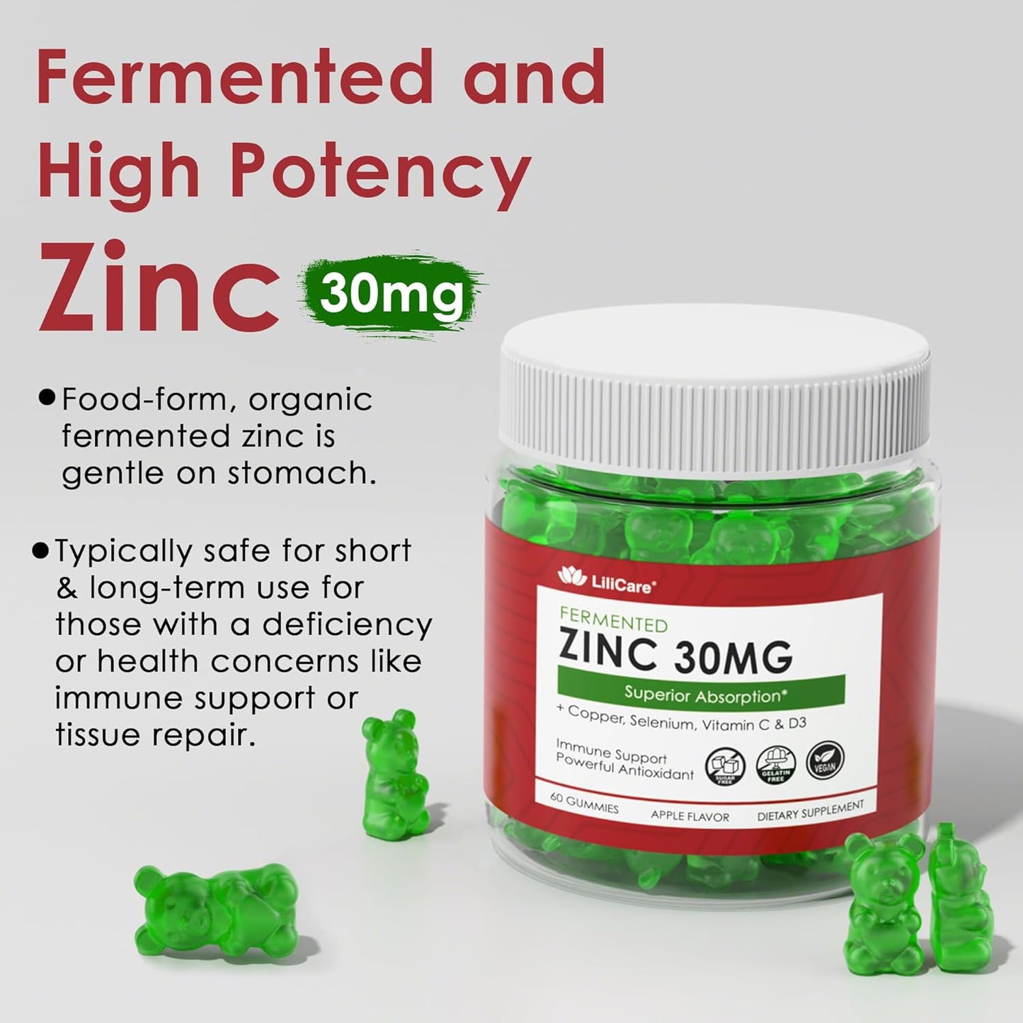 Zinc Gummies + Copper, Selenium, Vitamin C & D3, Fermented Zinc Supplements for Women and Men with Elderberry for Daily Immune Support, Powerful Antioxidant, High Absorption, Vegan, Sugar Free, 2 Pack
