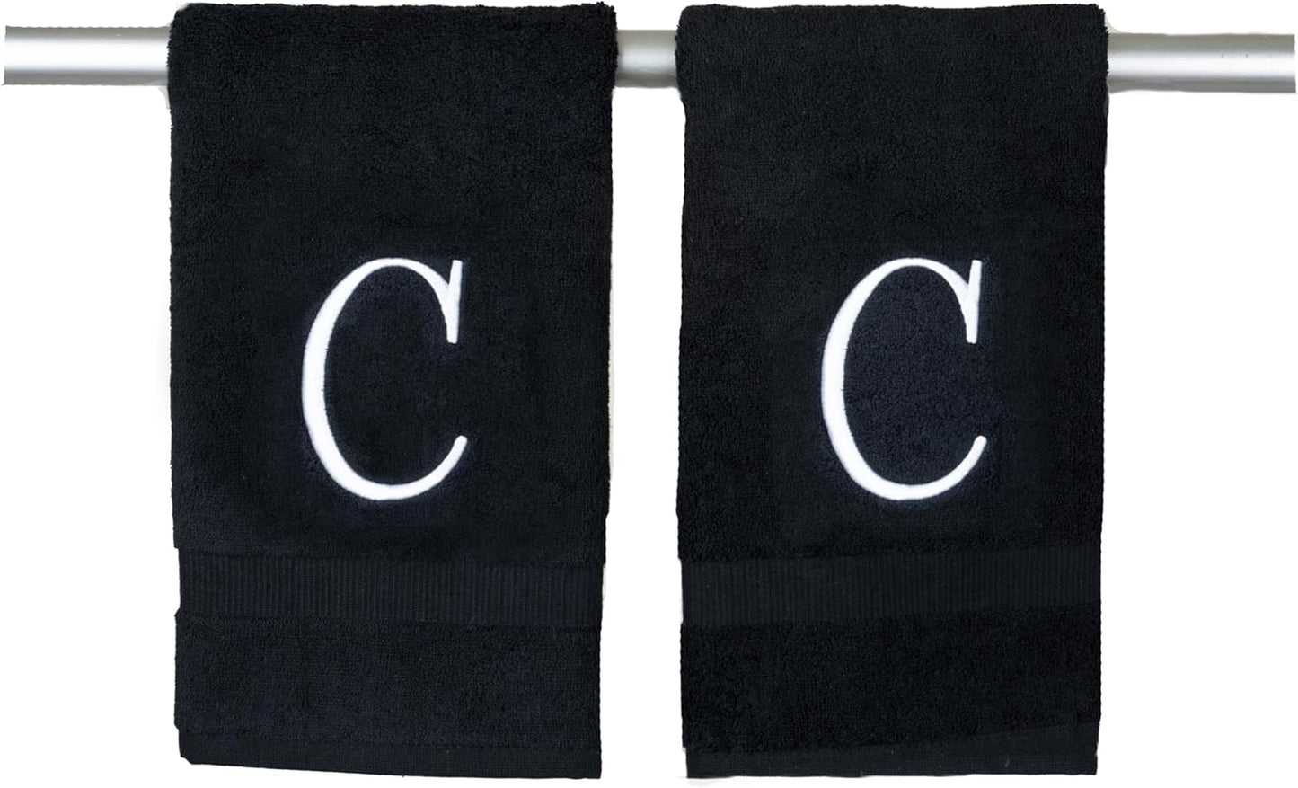 Black Initial Hand Towel for Bathroom - Monogrammed Luxury Hotel Quality Decorative Embroidered Towel for Powder Room, Spa - GOTS Organic Certified - Pack of 2 - Letter C